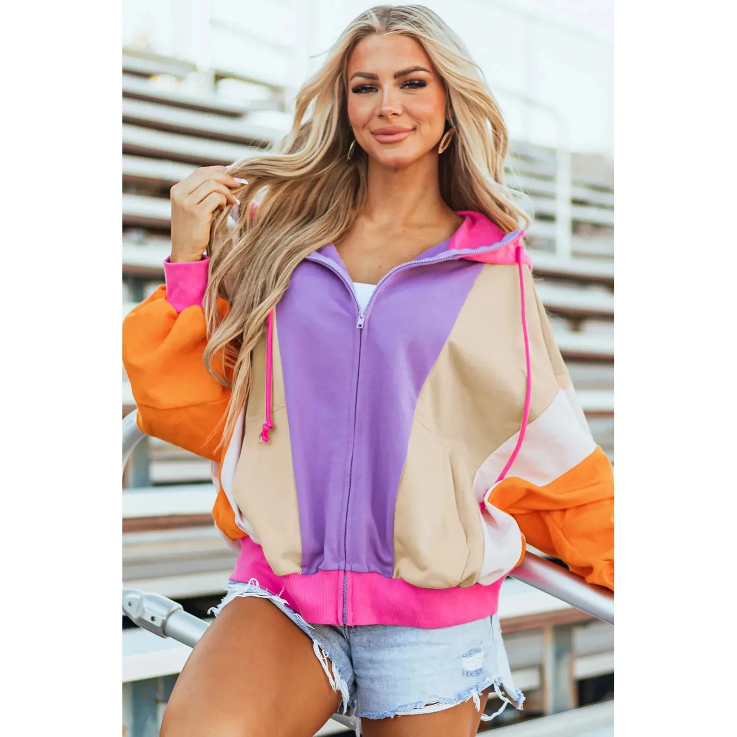 Drawstring Color Block Zip Up Long Sleeve Hoodie