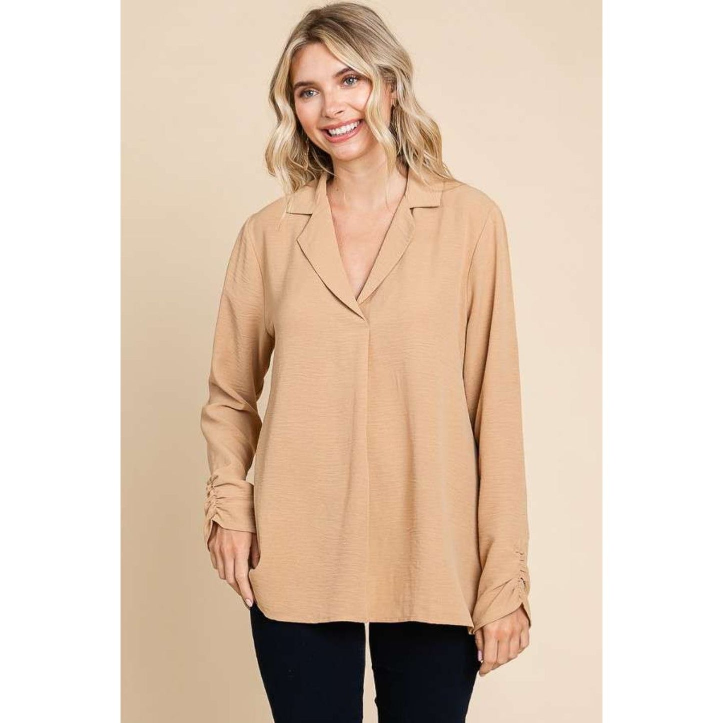 Culture Code Full Size Lapel Collar Ruched Long Sleeve Blouse