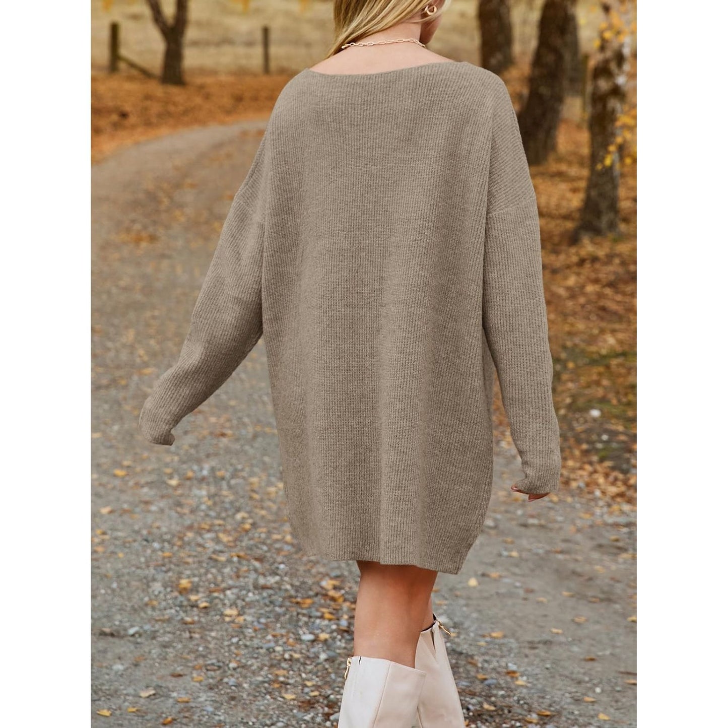 V-Neck Dropped Shoulder Sweater Dress