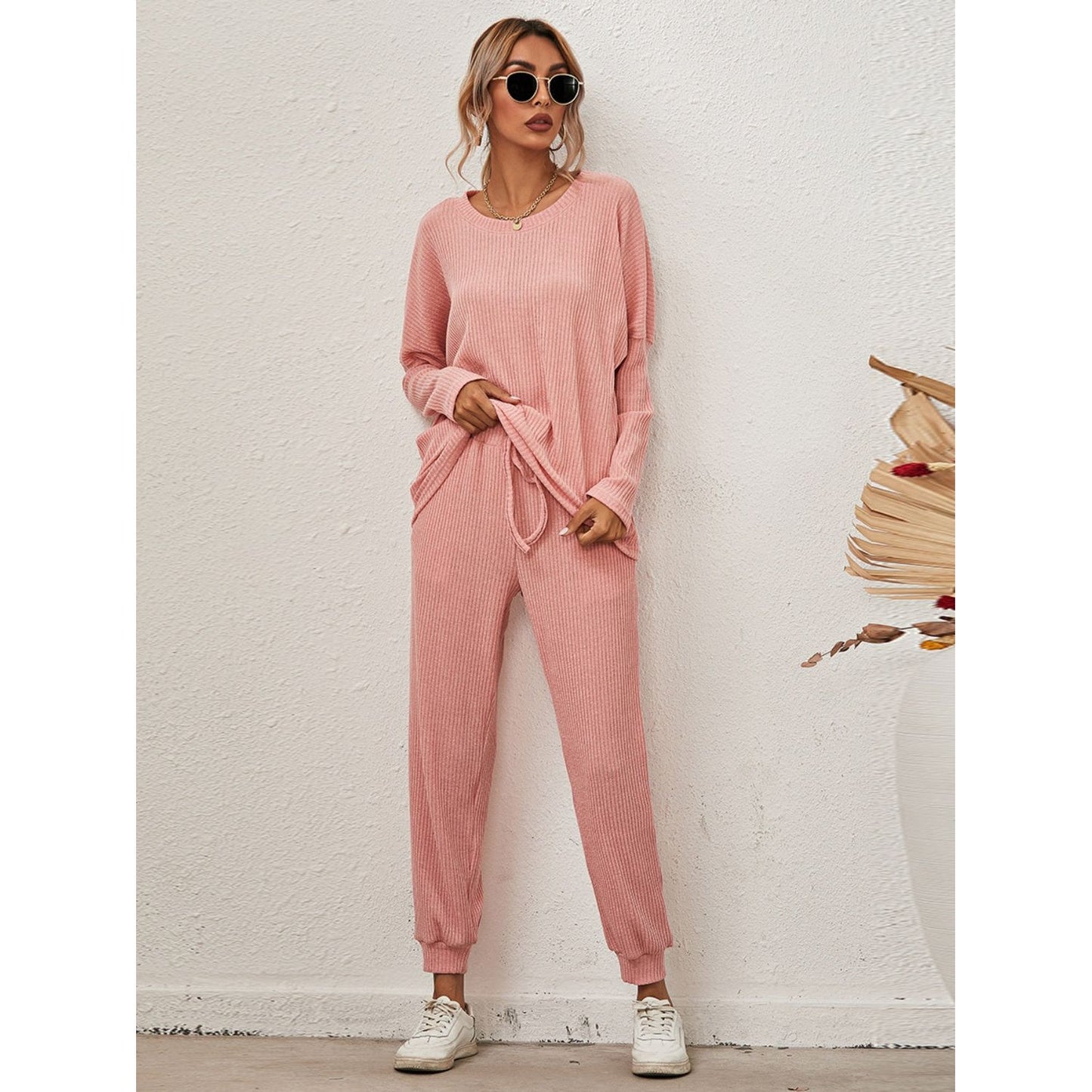 Round Neck Dropped Shoulder Top and Joggers Lounge Set