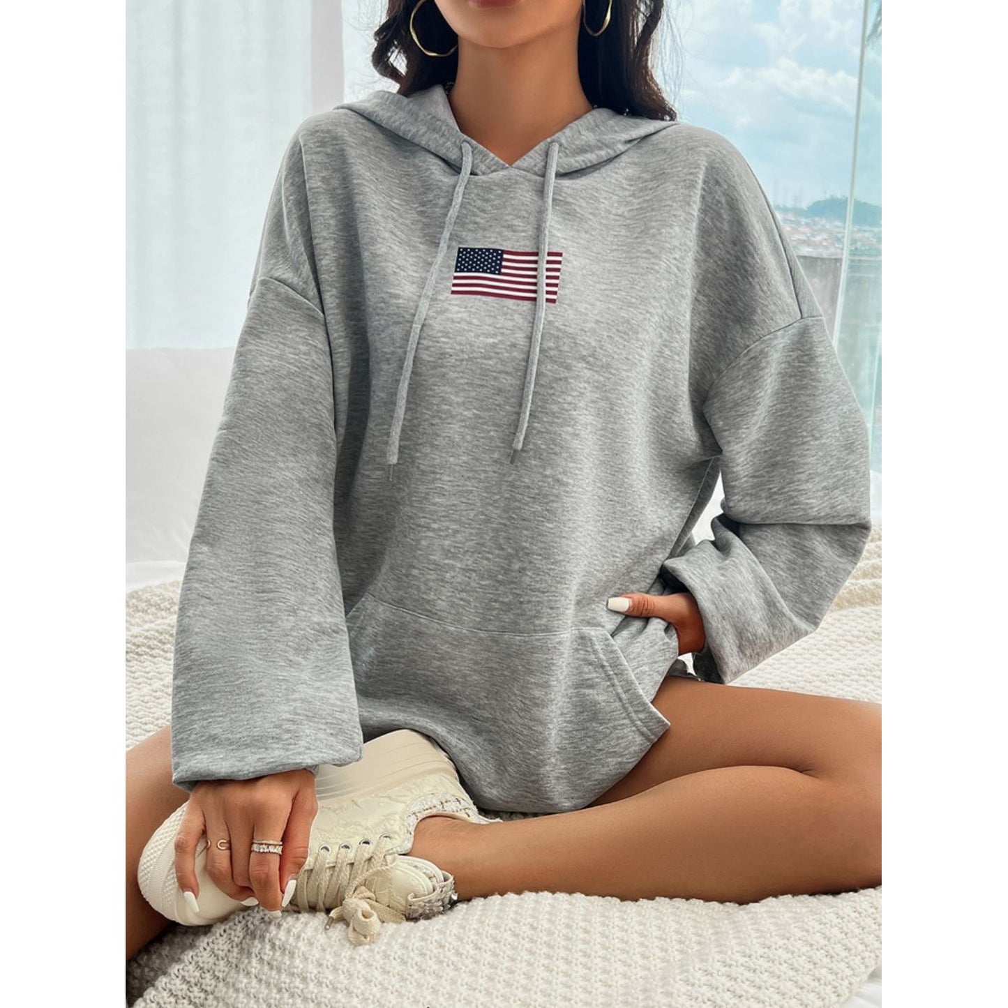 Devine Drawstring US Flag Long Sleeve Hoodie