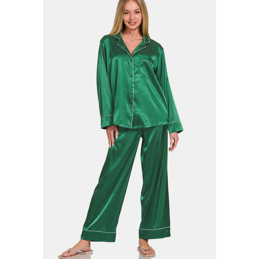 Zenana Satin Long Sleeve Shirt and Pants Pajama Set