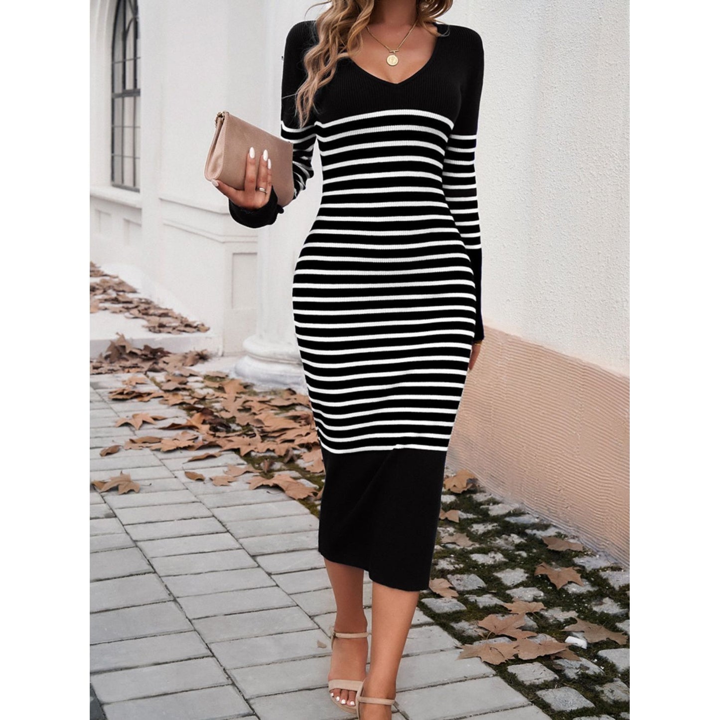 Devine Striped V-Neck Long Sleeve Sweater Dress