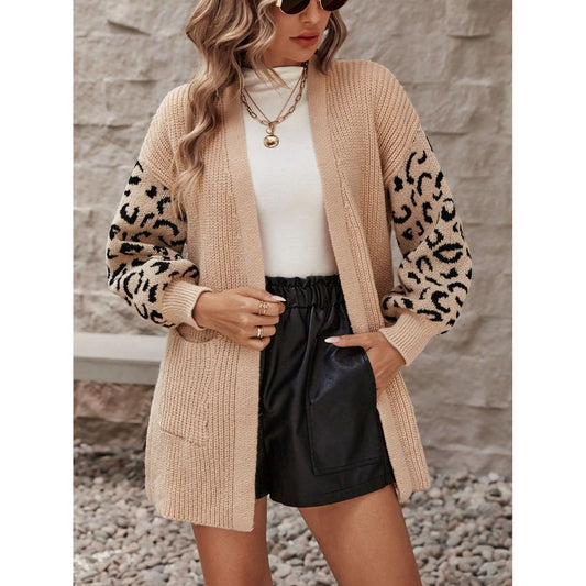 Pocketed Leopard Open Front Cardigan