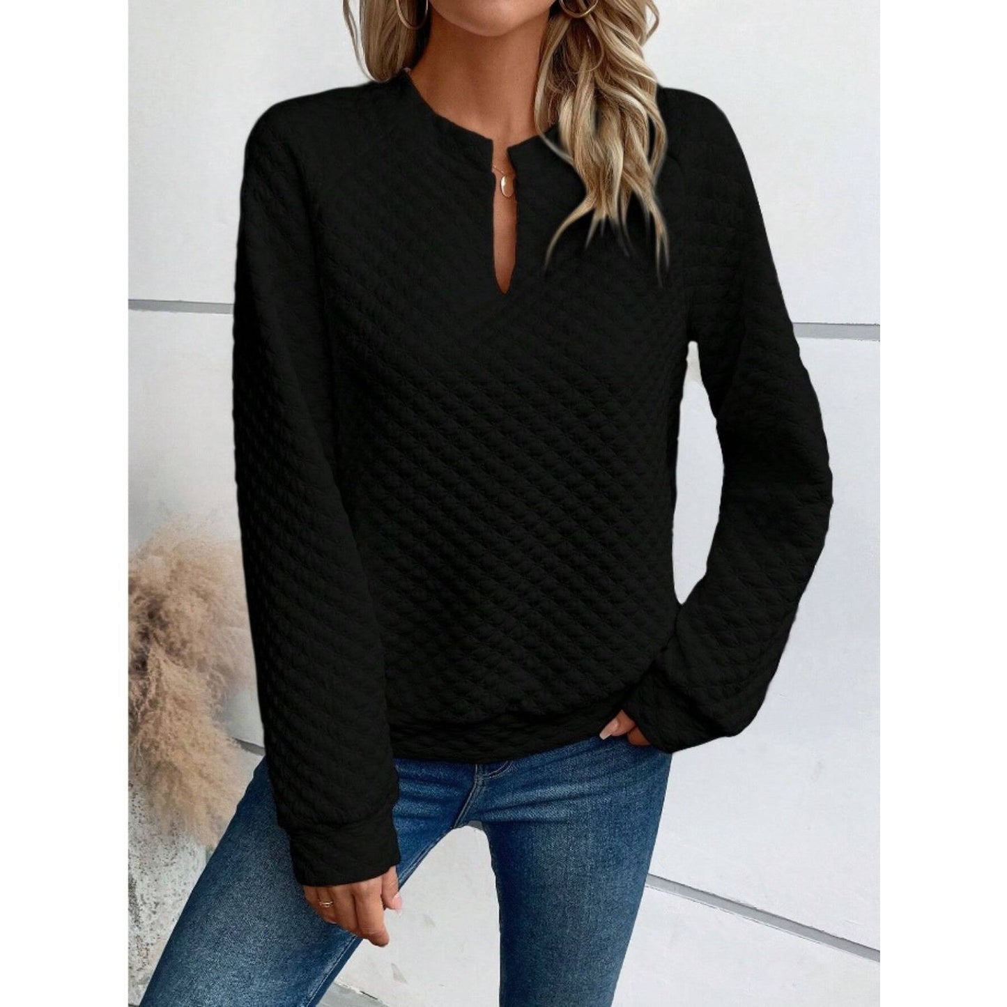 Notched Long Sleeve Sweatshirt