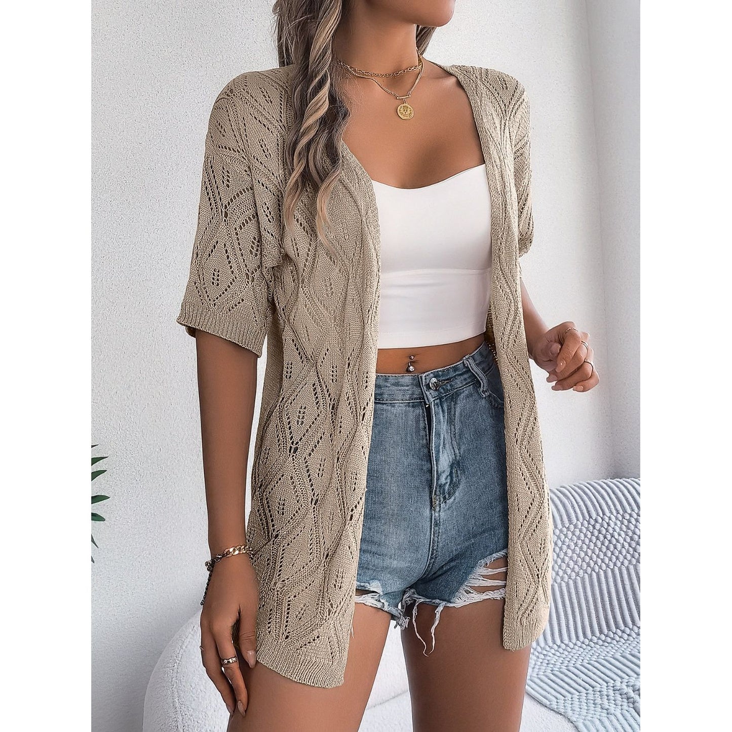 Openwork Open Front Half Sleeve Cardigan