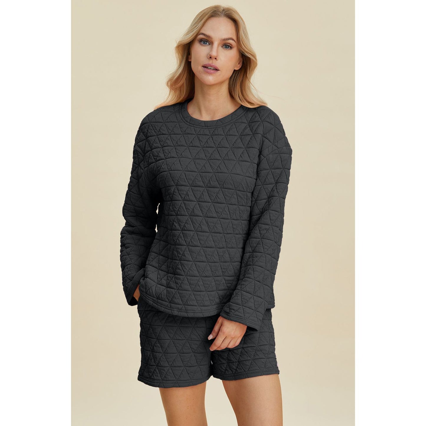 Double Take Full Size Texture Round Neck Long Sleeve Top and Shorts Set