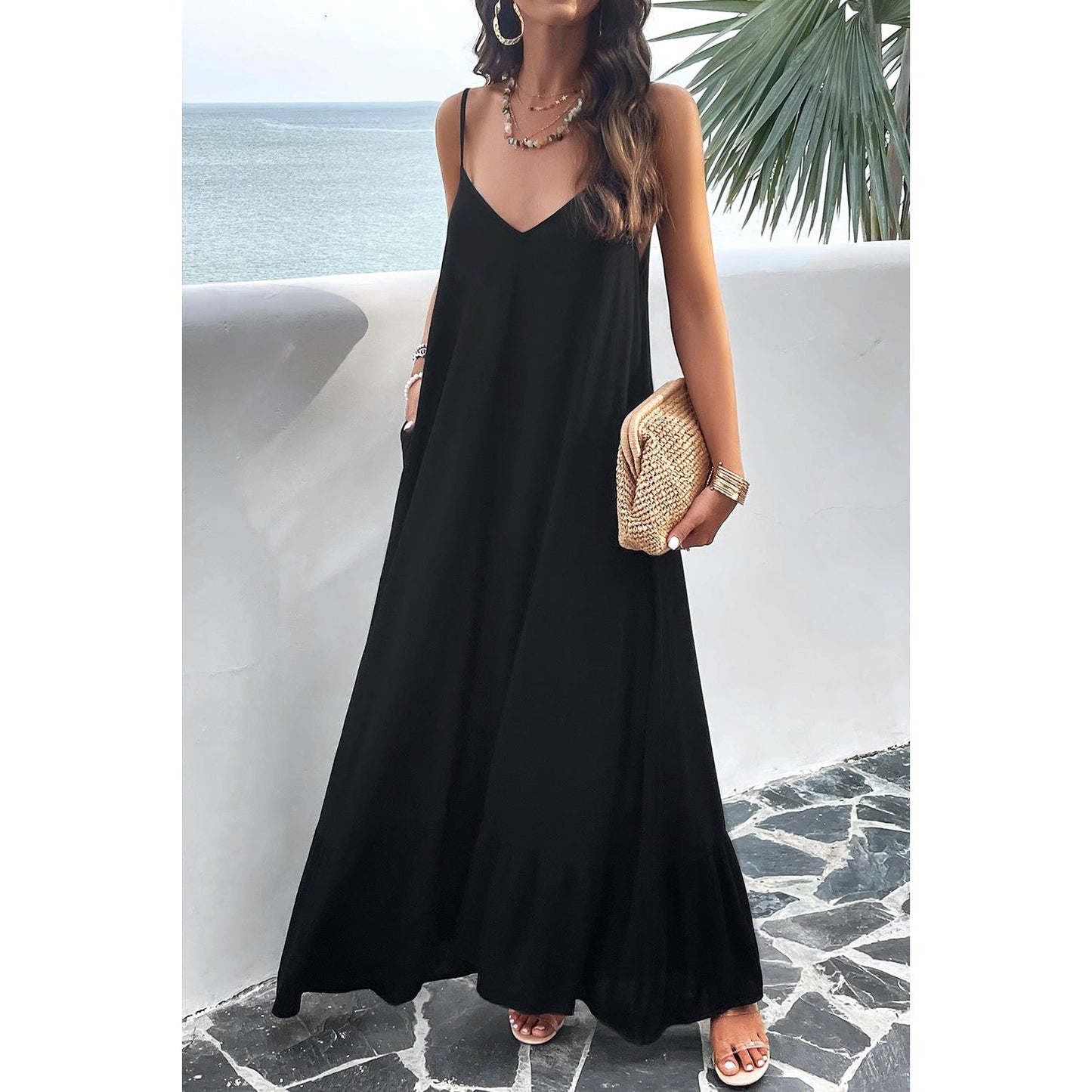 Backless Maxi Cami Dress with Pockets