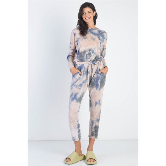 Cherish Apparel Tie-Dye Round Neck Long Sleeve Jumpsuit