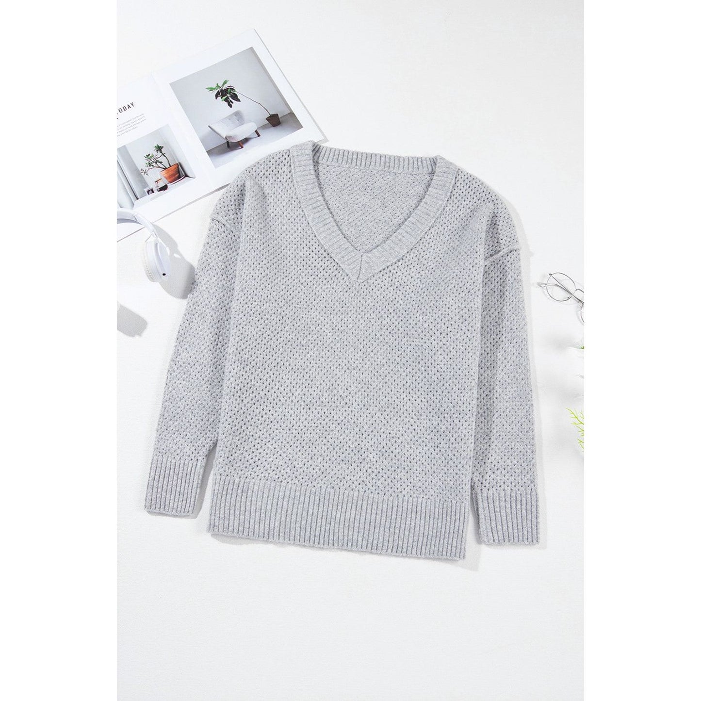 Openwork V-Neck Dropped Shoulder Sweater