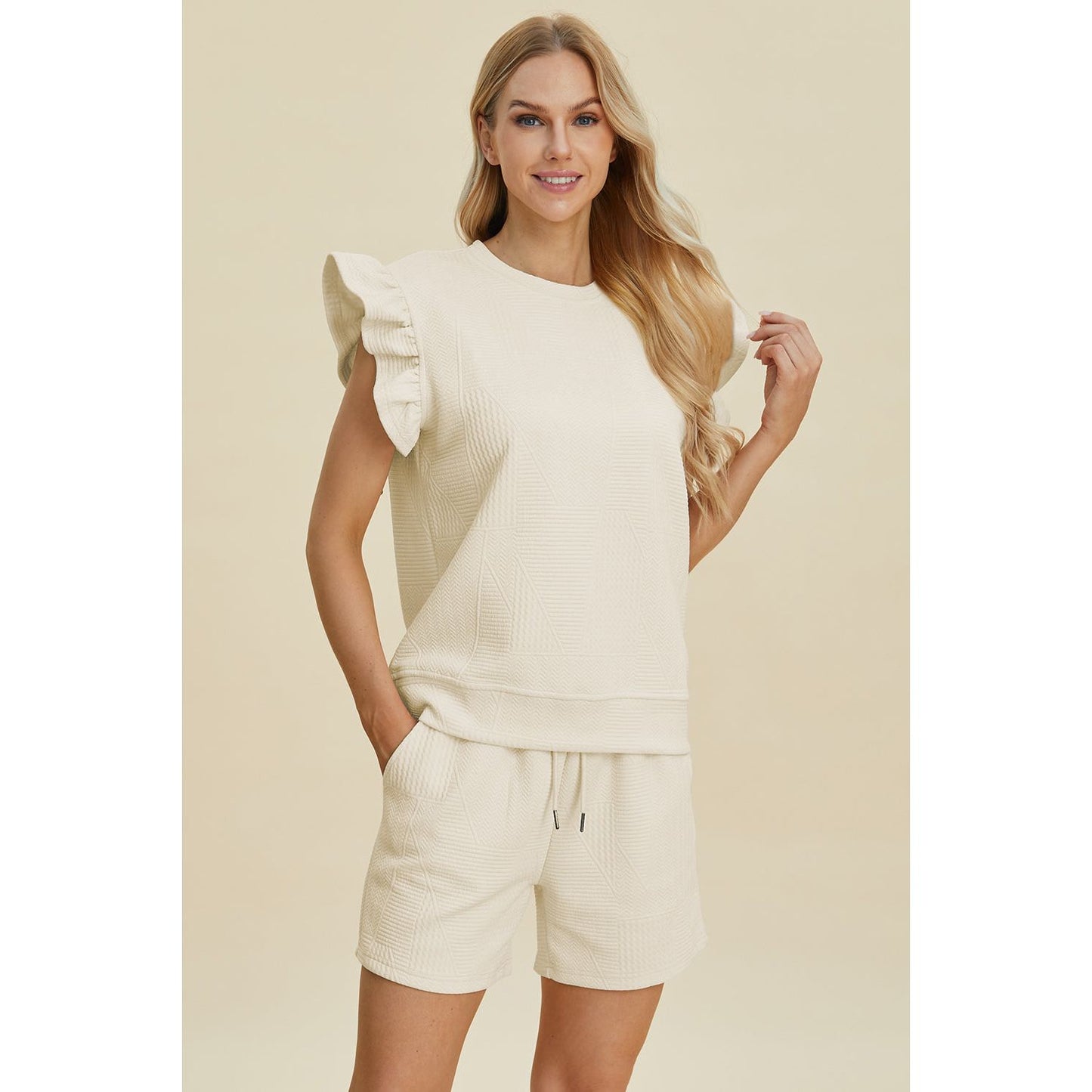 Double Take Full Size Texture Round Neck Ruffle Sleeve Top and Shorts Set