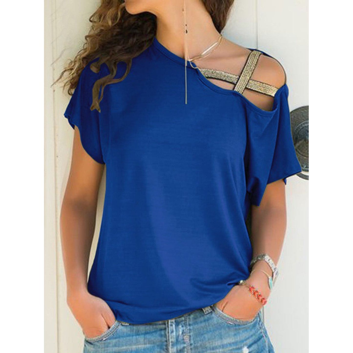 Asymmetrical Neck Short Sleeve T-Shirt