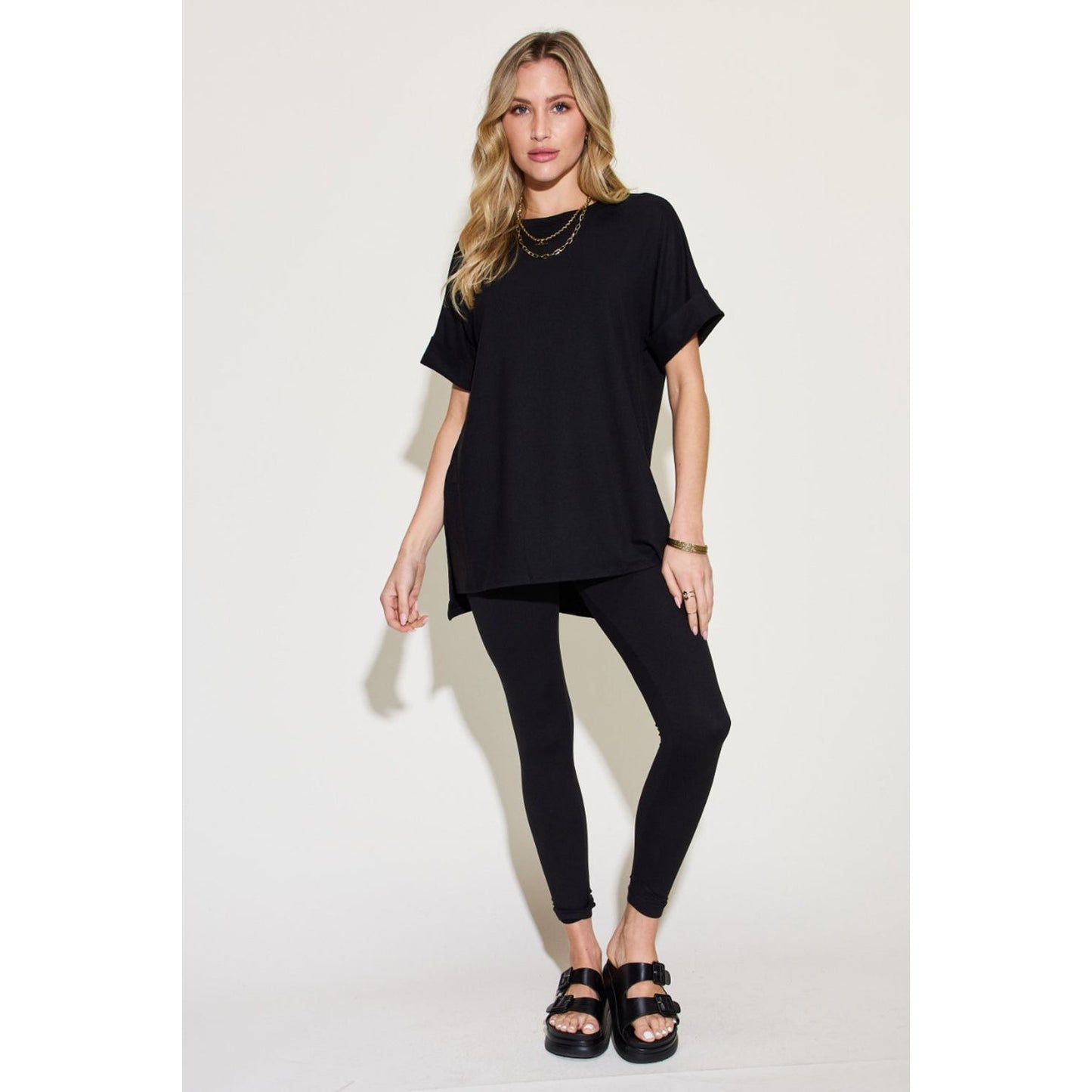 Zenana Plus Size Short Sleeve Slit T-Shirt and Leggings Lounge Set