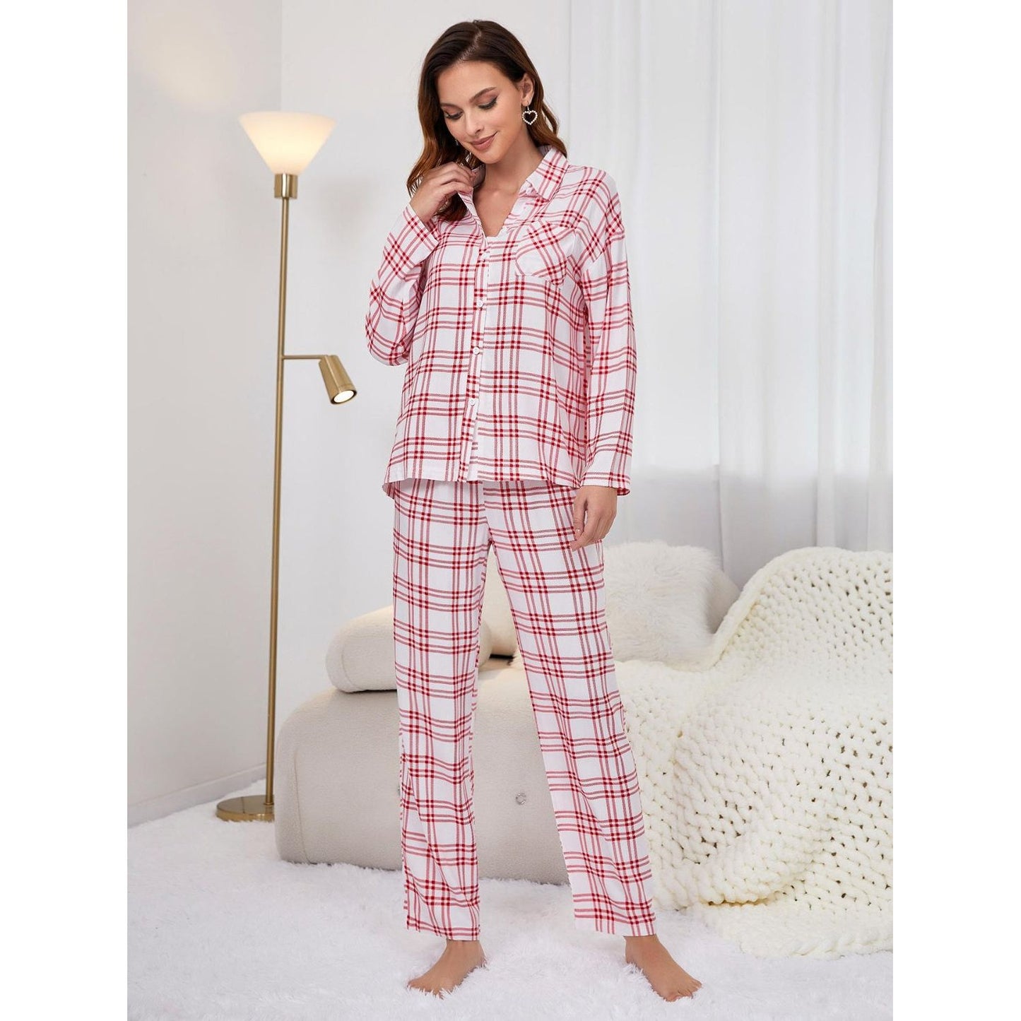 Plaid Collared Neck Long Sleeve Top and Pants Lounge Set