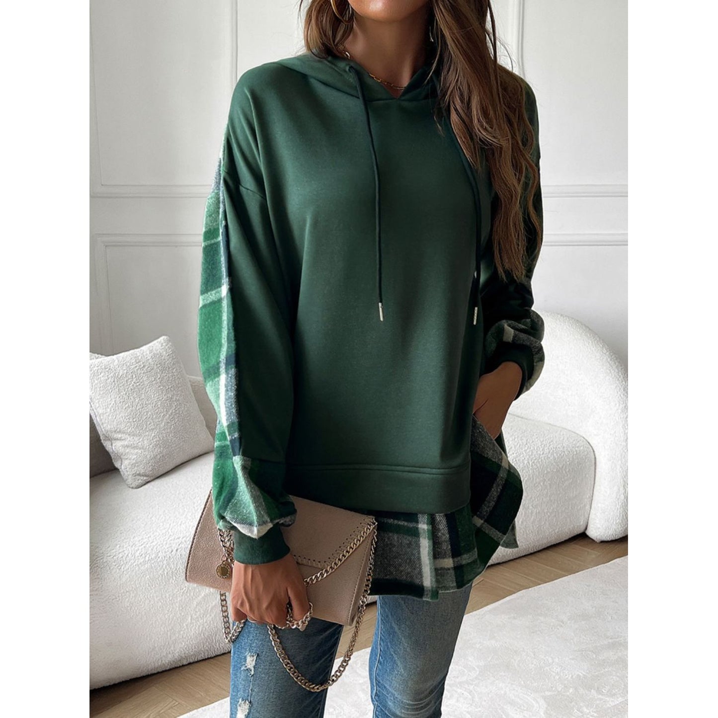 Devine Drawstring Plaid Long Sleeve Hoodie