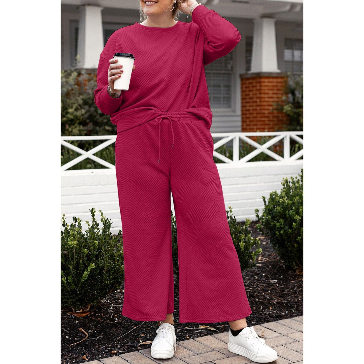 Double Take Full Size Textured Long Sleeve Top and Drawstring Pants Set