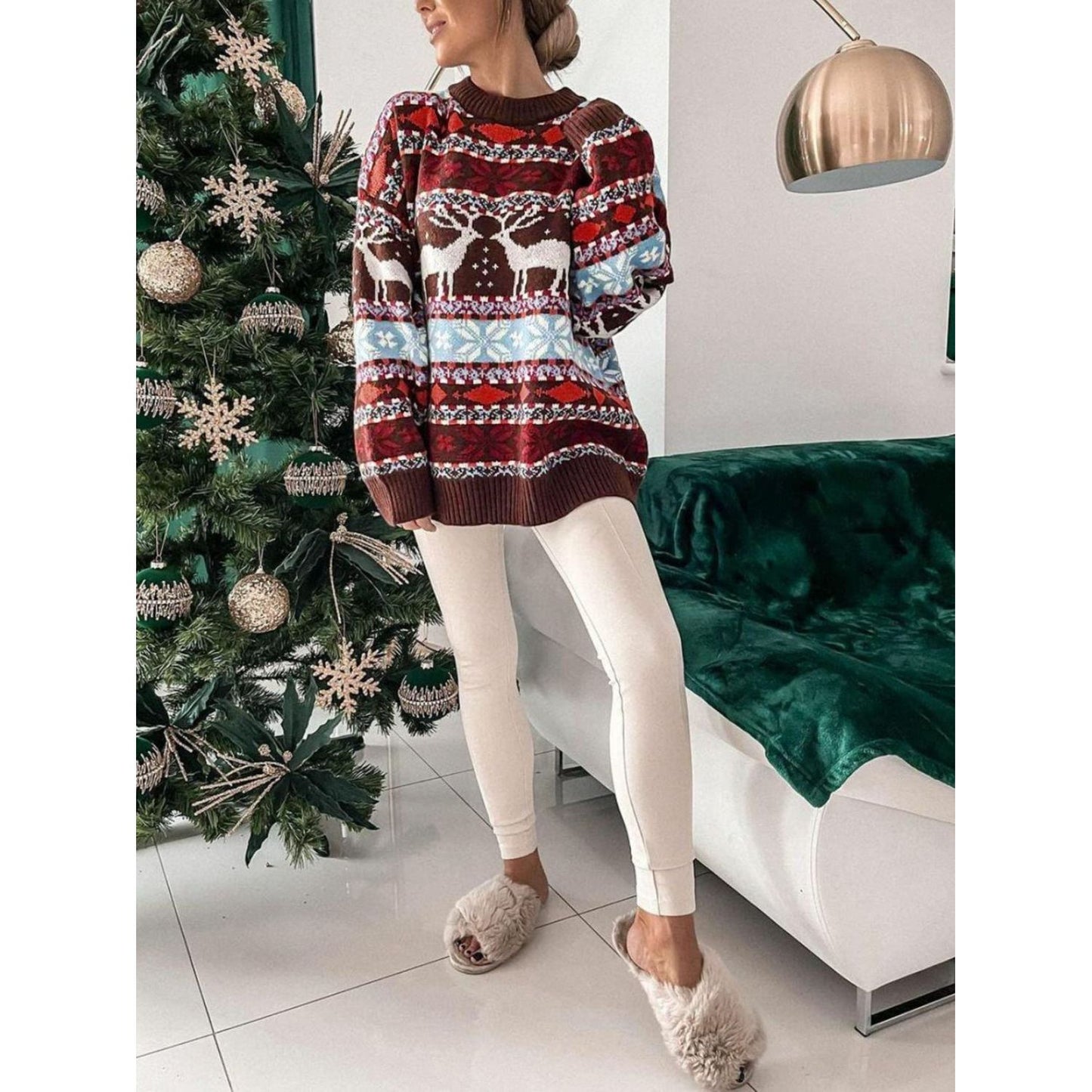 Geometric Round Neck Dropped Shoulder Sweater