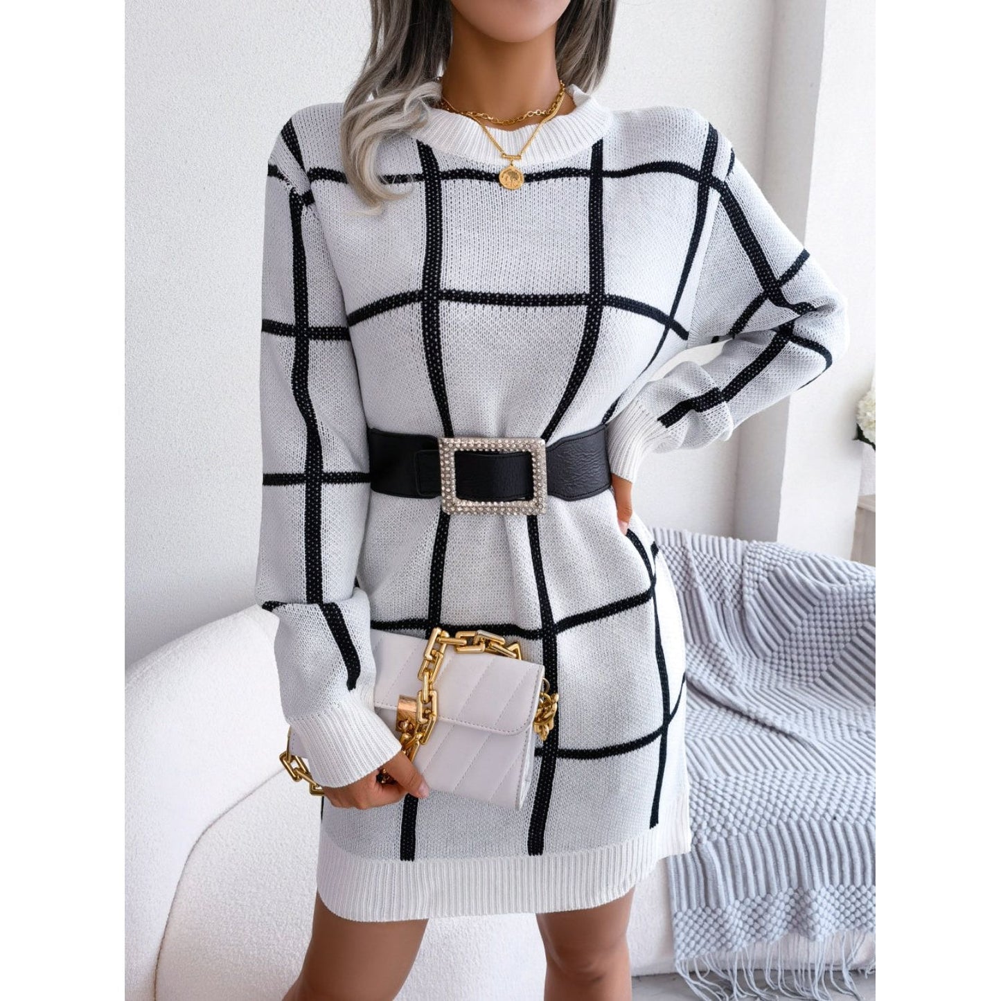 Plaid Round Neck Dropped Shoulder Sweater Dress