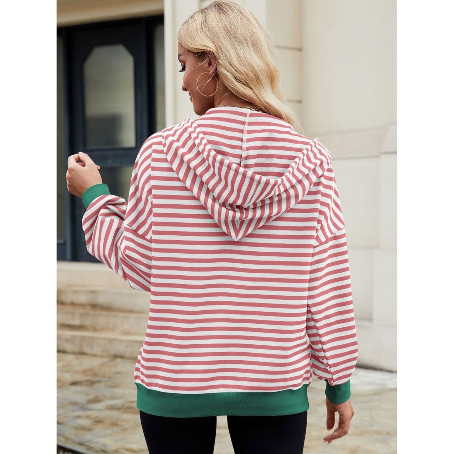 Drawstring Striped Zip Up Long Sleeve Hoodie