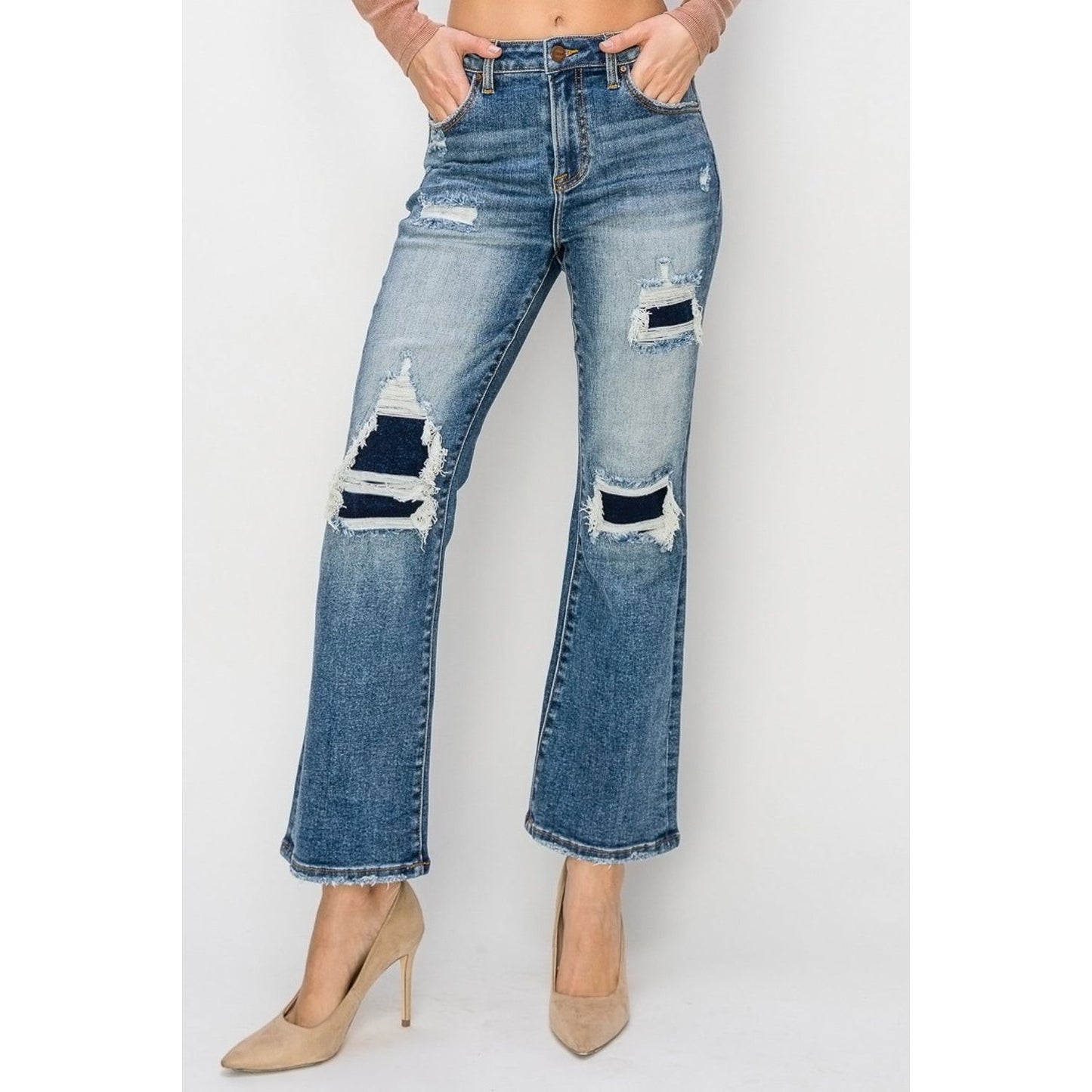 Risen Full Size High Rise Distressed Ankle Flare Jeans