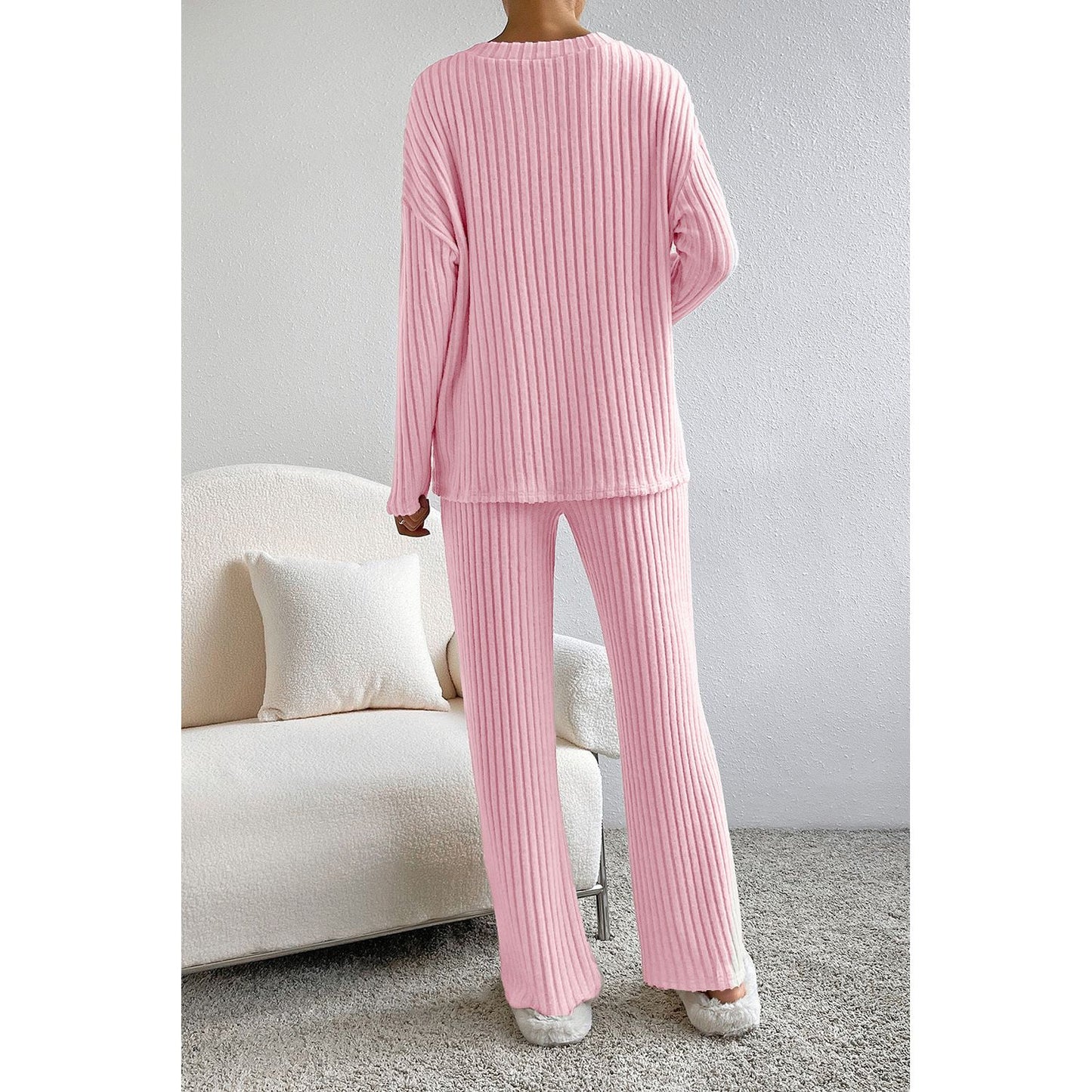 Ribbed V-Neck Top and Pants Lounge Set