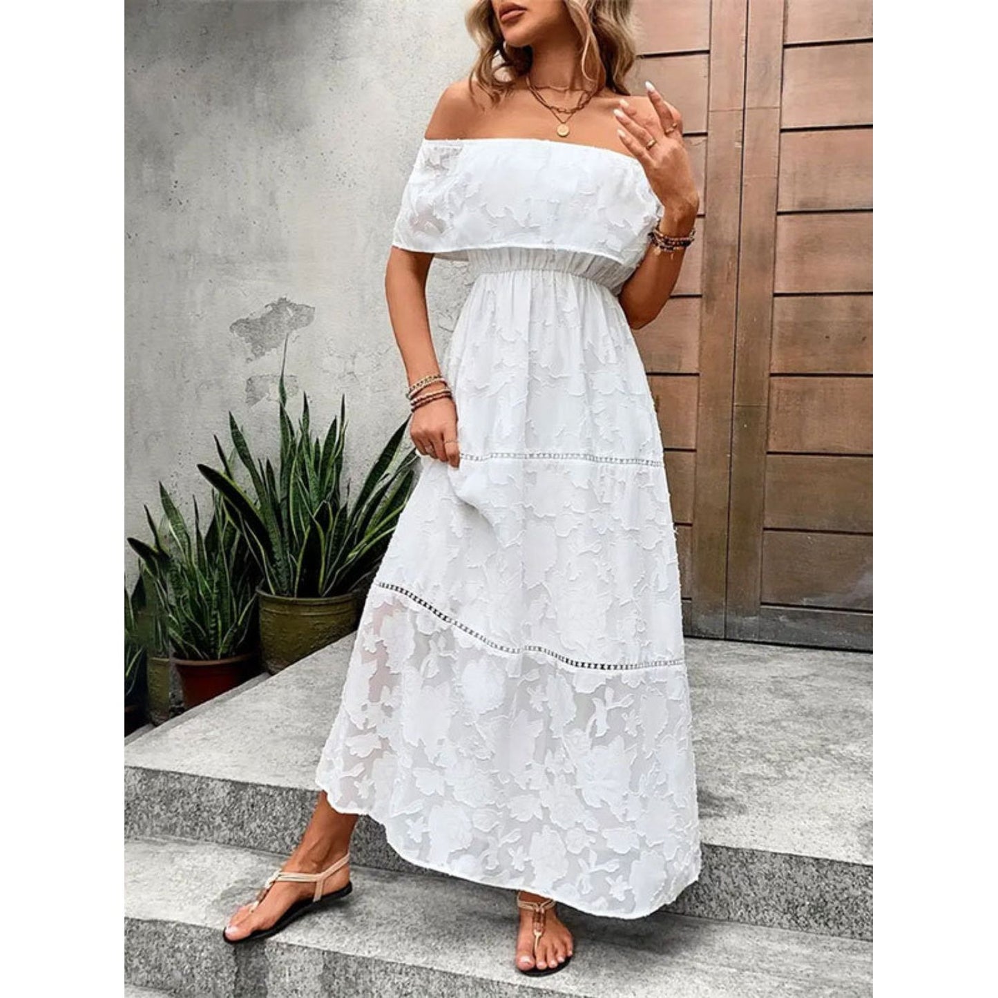 Off-Shoulder Short Sleeve Maxi Dress