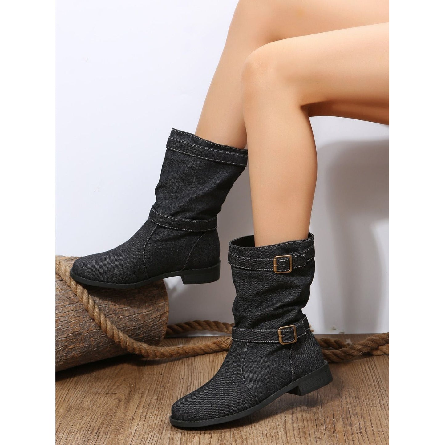 Double Buckle Block Heel Boots