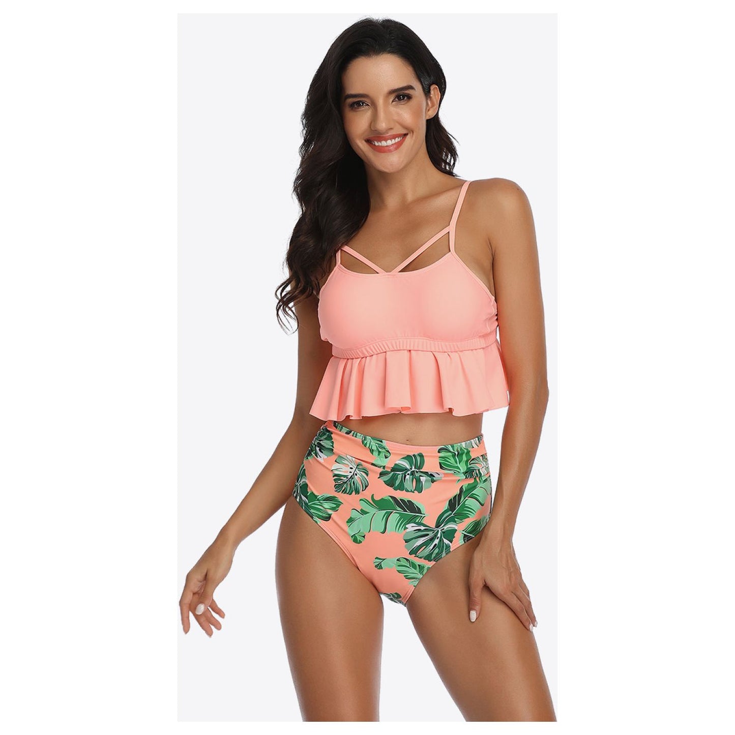 Tropical Print Ruffled Two-Piece Swimsuit