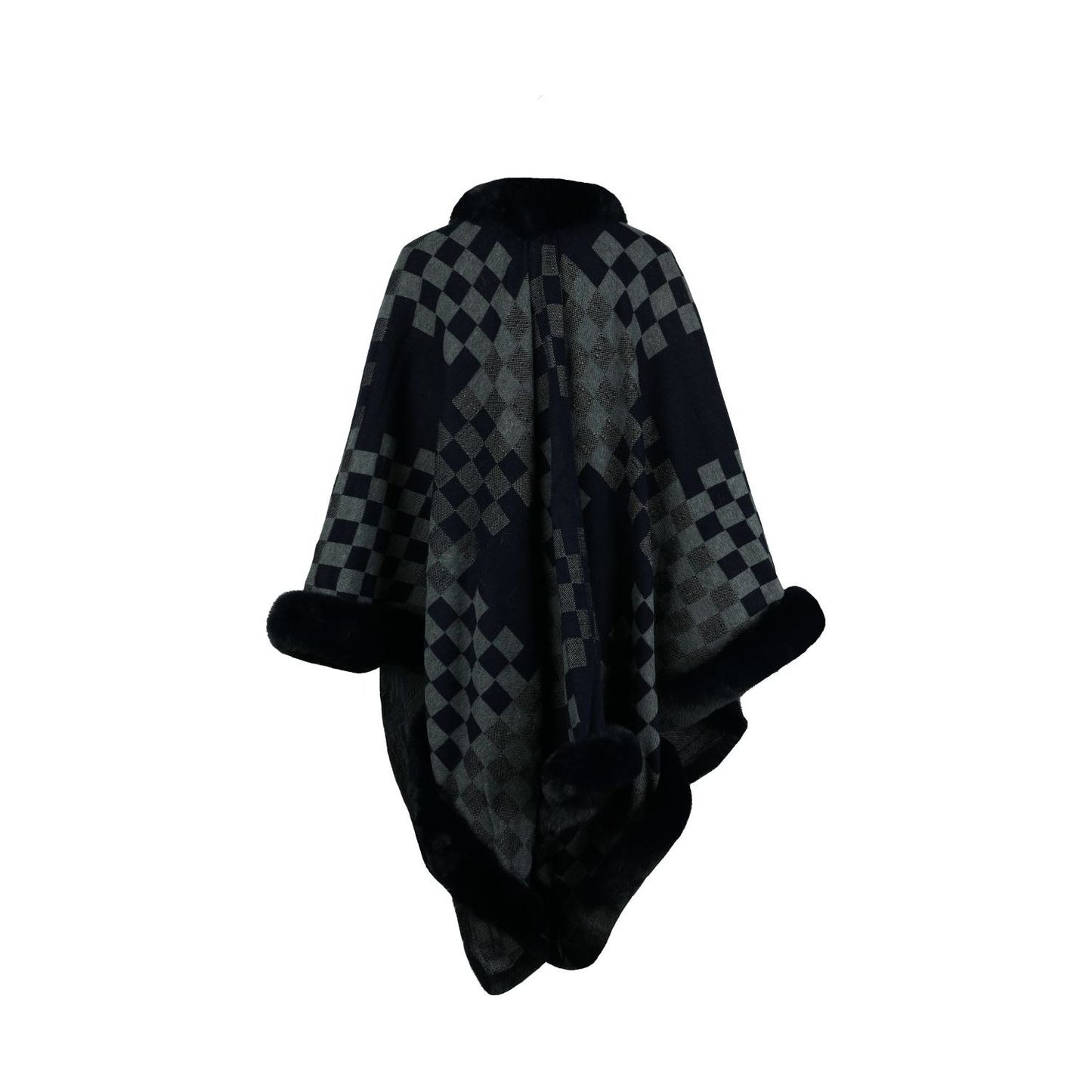 Checkered Faux Fur Trim Poncho