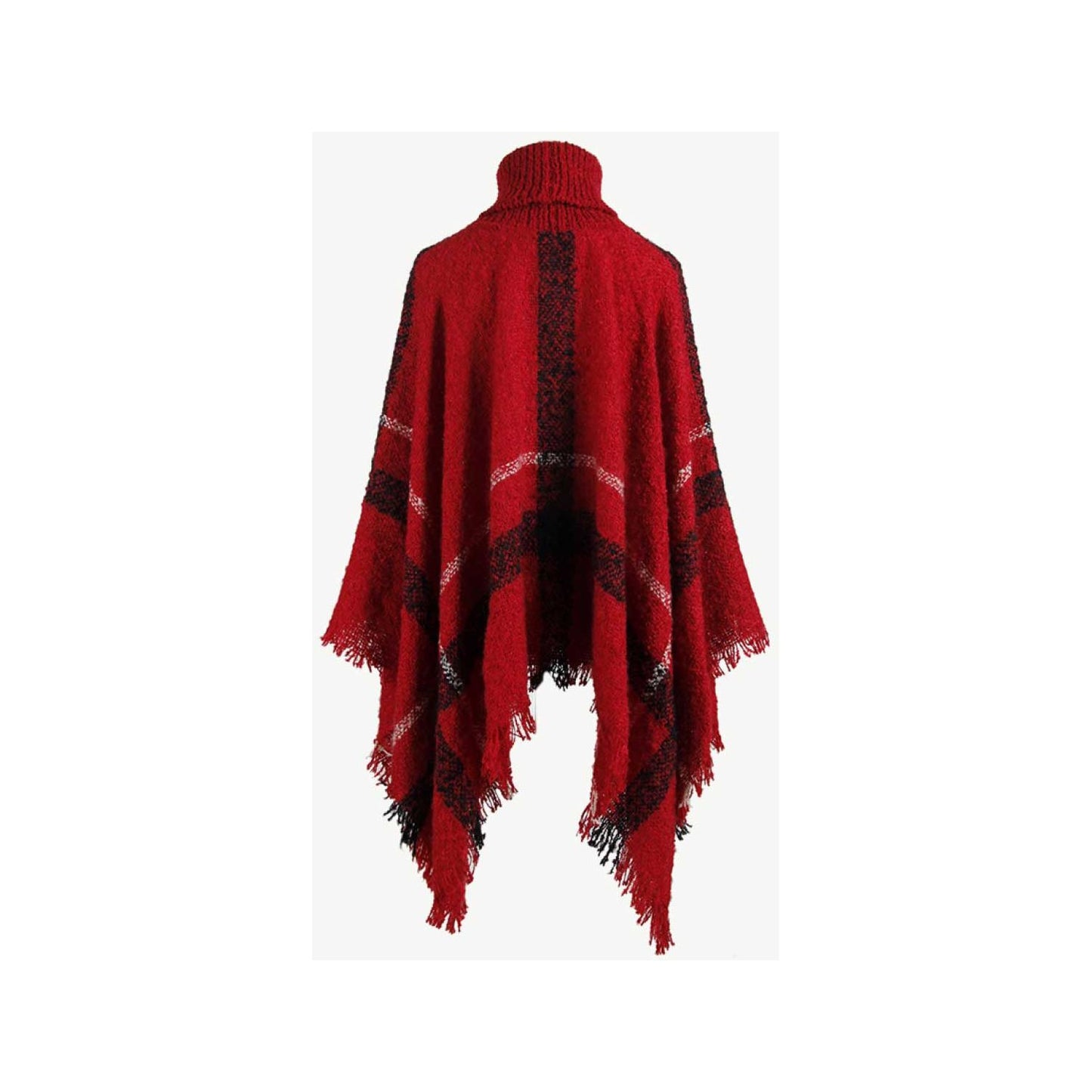 Plaid Turtleneck Raw Hem Poncho