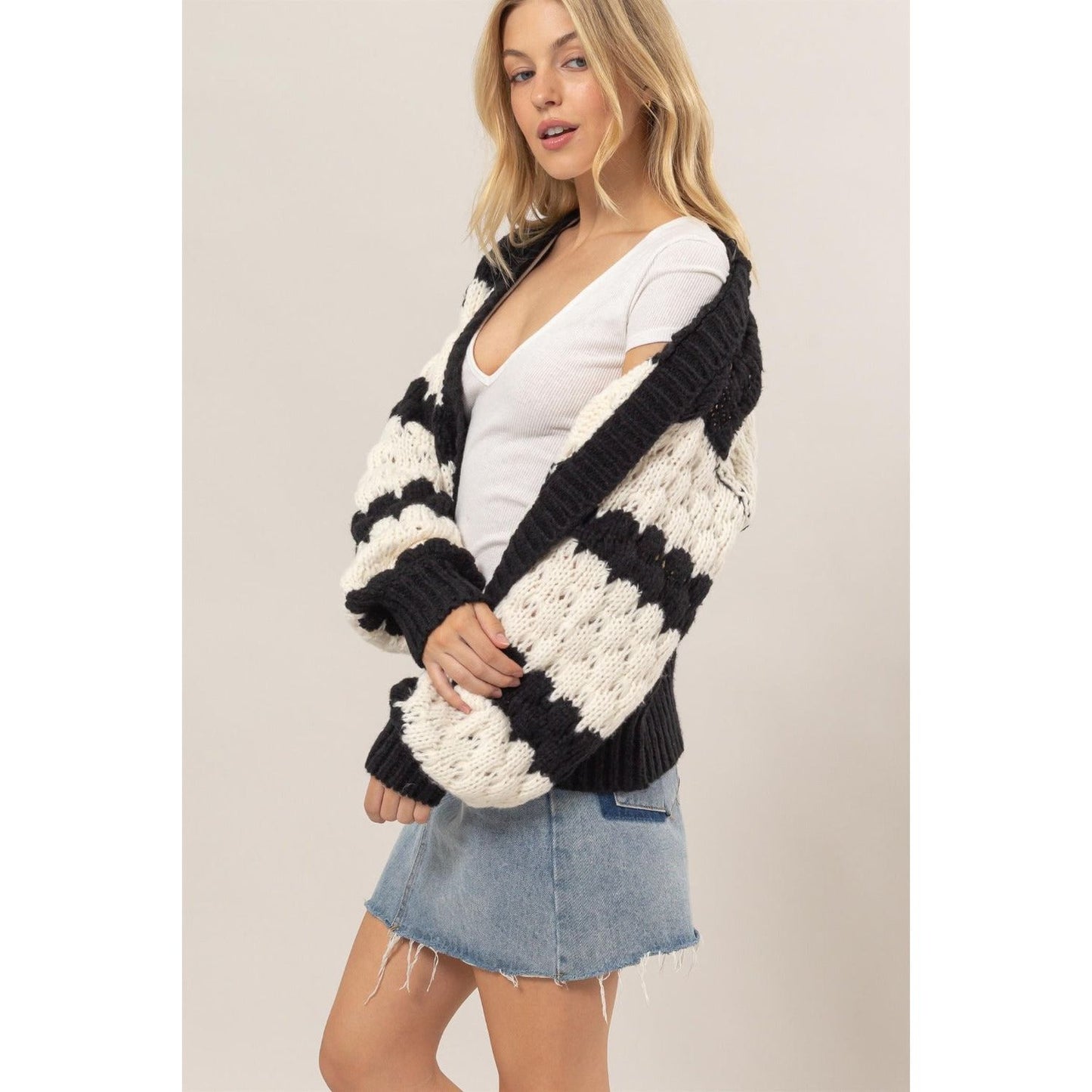 HYFVE Scallop Striped Open Front Long Sleeve Sweater Cardigan