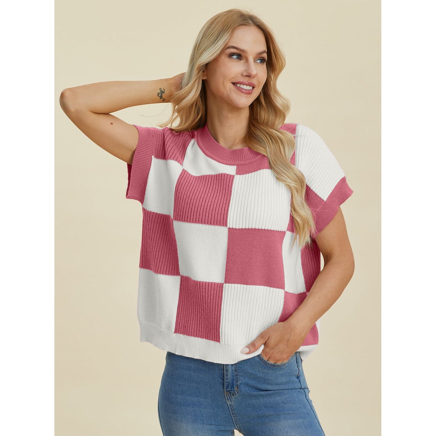 Double Take Full Size Checkered Round Neck Short Sleeve Sweater