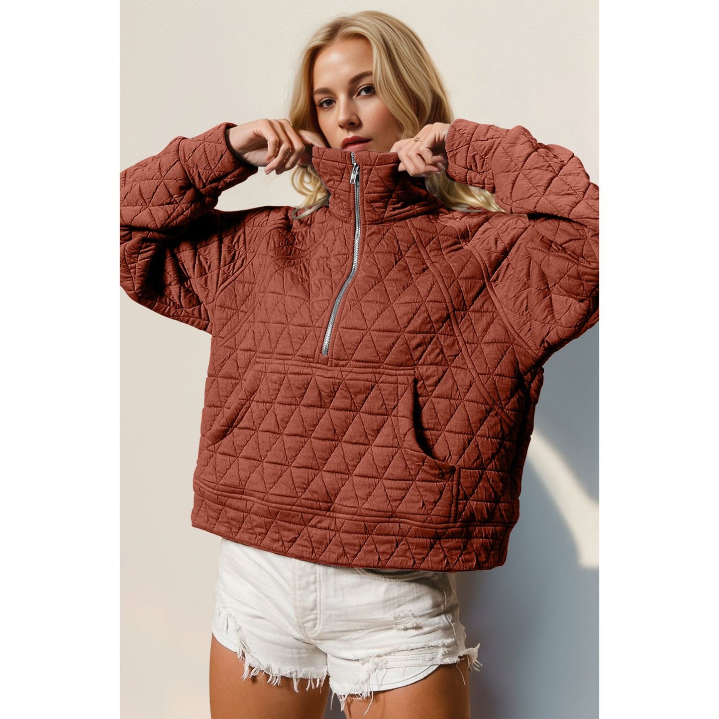 Double Take Half Zip Long Sleeve Quilted Sweatshirt with Pocket