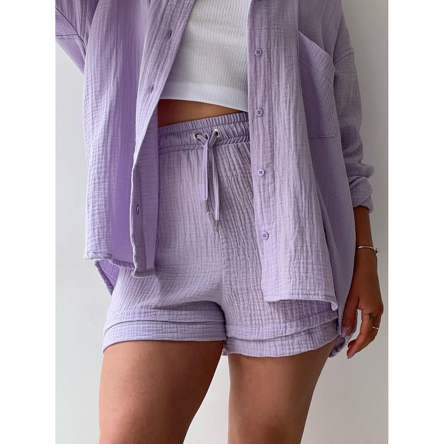 Texture Button Up Shirt and Drawstring Shorts Set