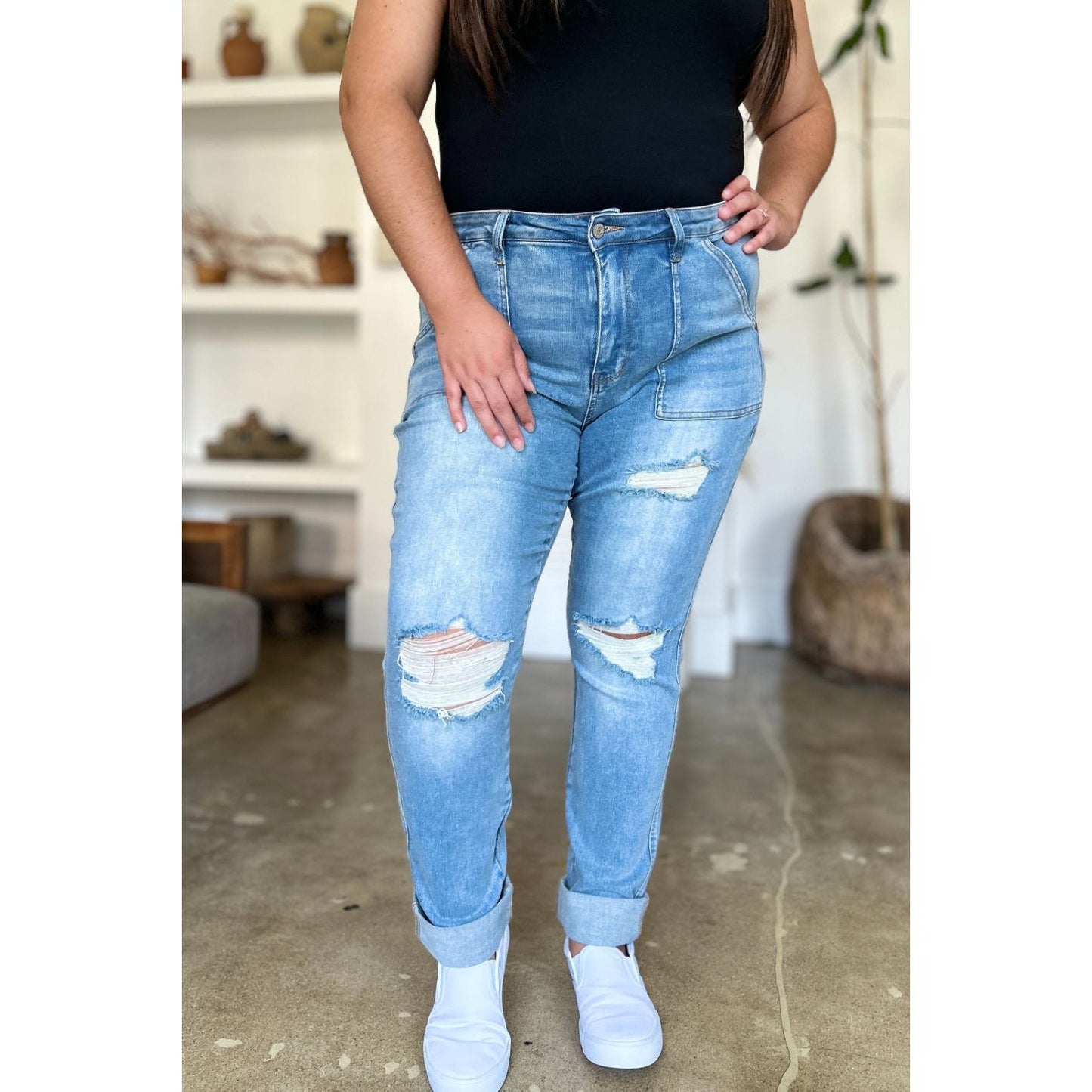 Judy Blue Full Size Distressed Straight Jeans with Patch Pockets