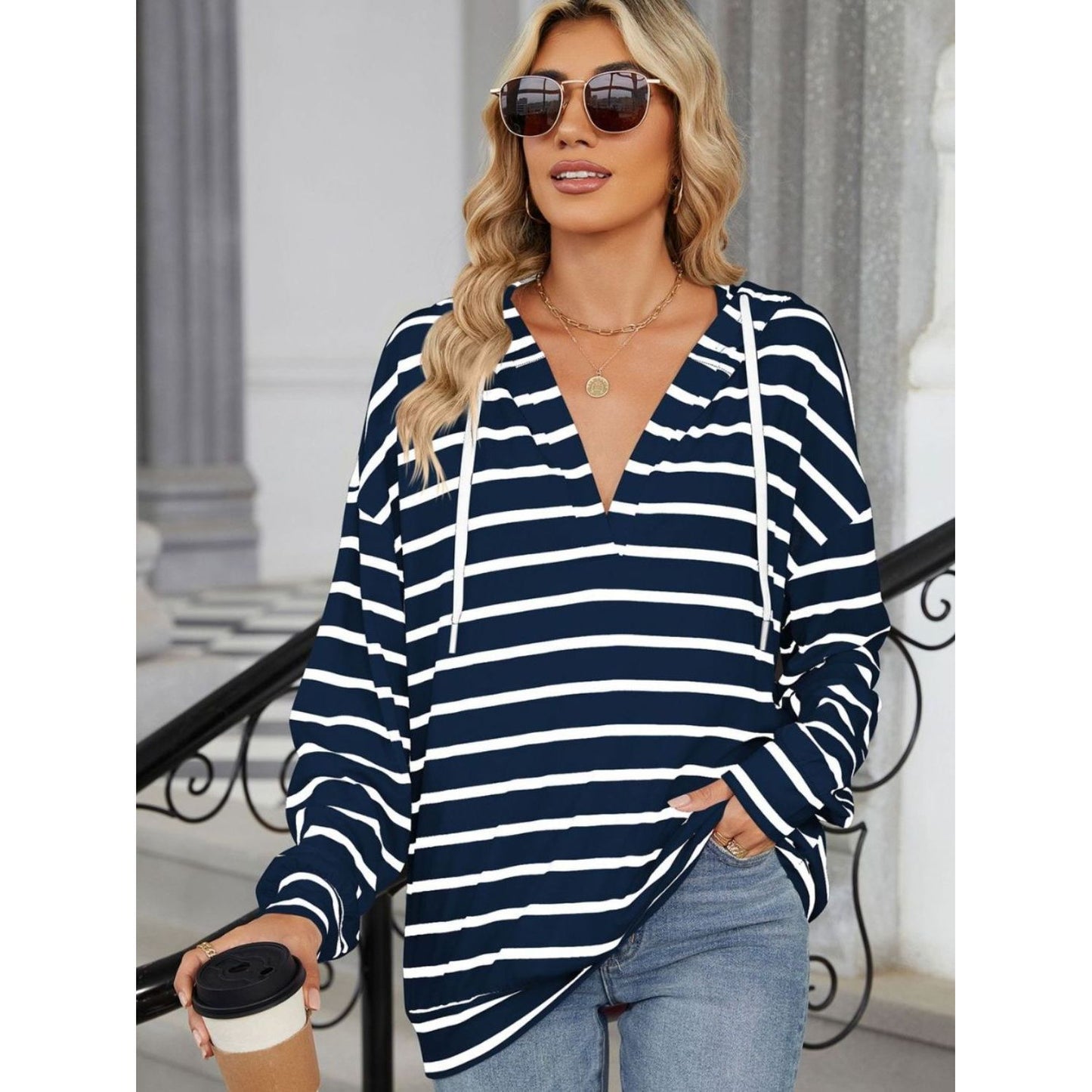 Drawstring Striped Long Sleeve Hoodie