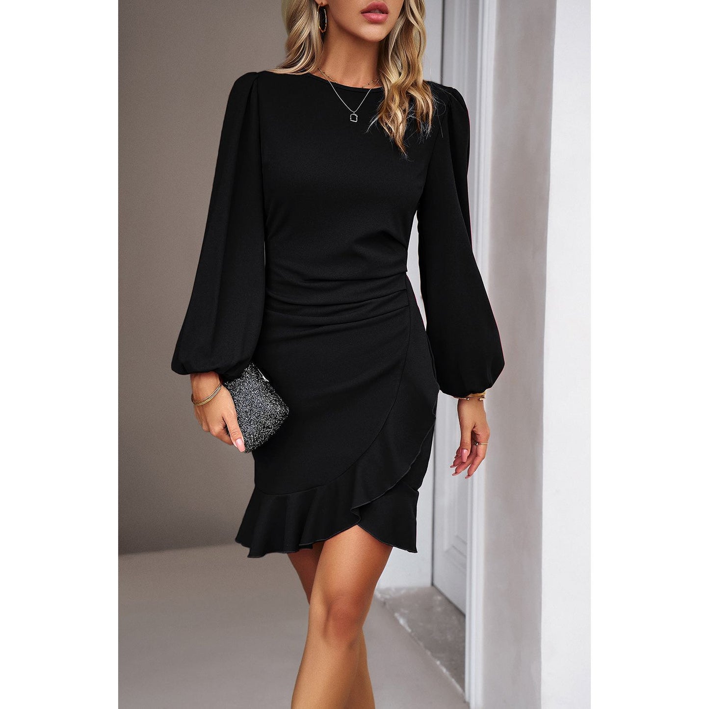 Devine Ruched Ruffled Balloon Sleeve Mini Dress