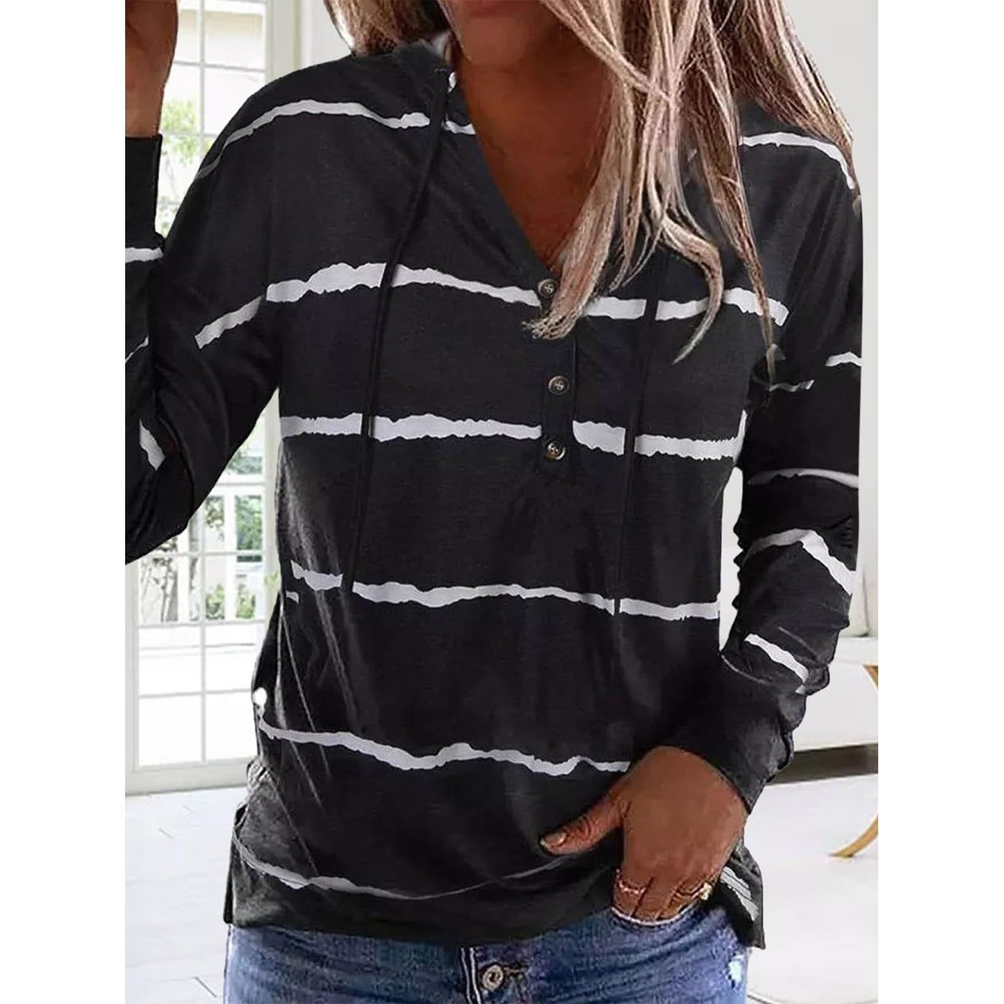 Drawstring Striped Long Sleeve Hoodie