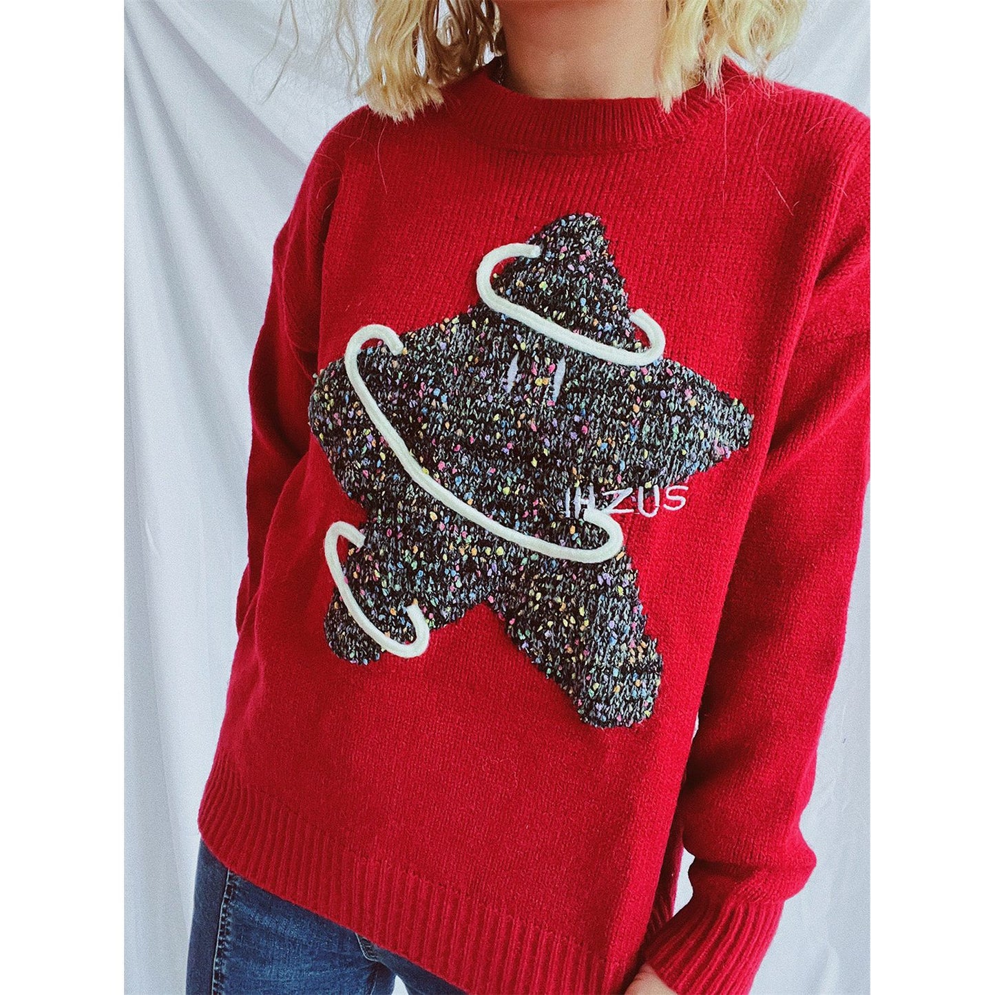 Contrast Star Round Neck Long Sleeve Sweater