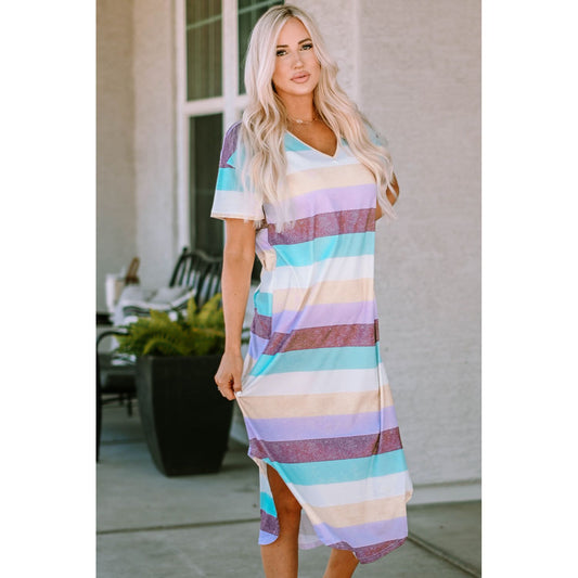 Striped V-Neck Curved Hem Midi Dress