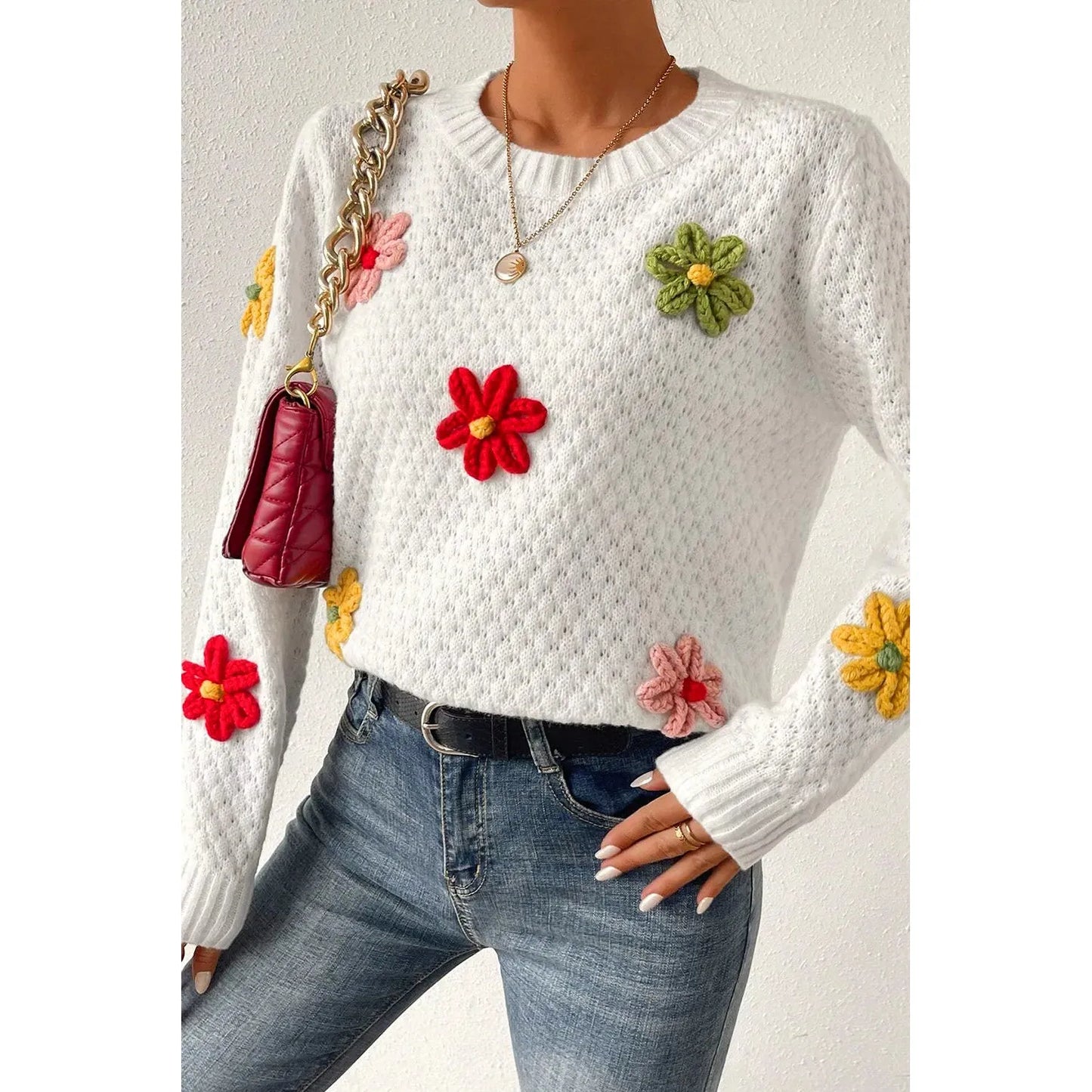 Crochet Flower Round Neck Sweater