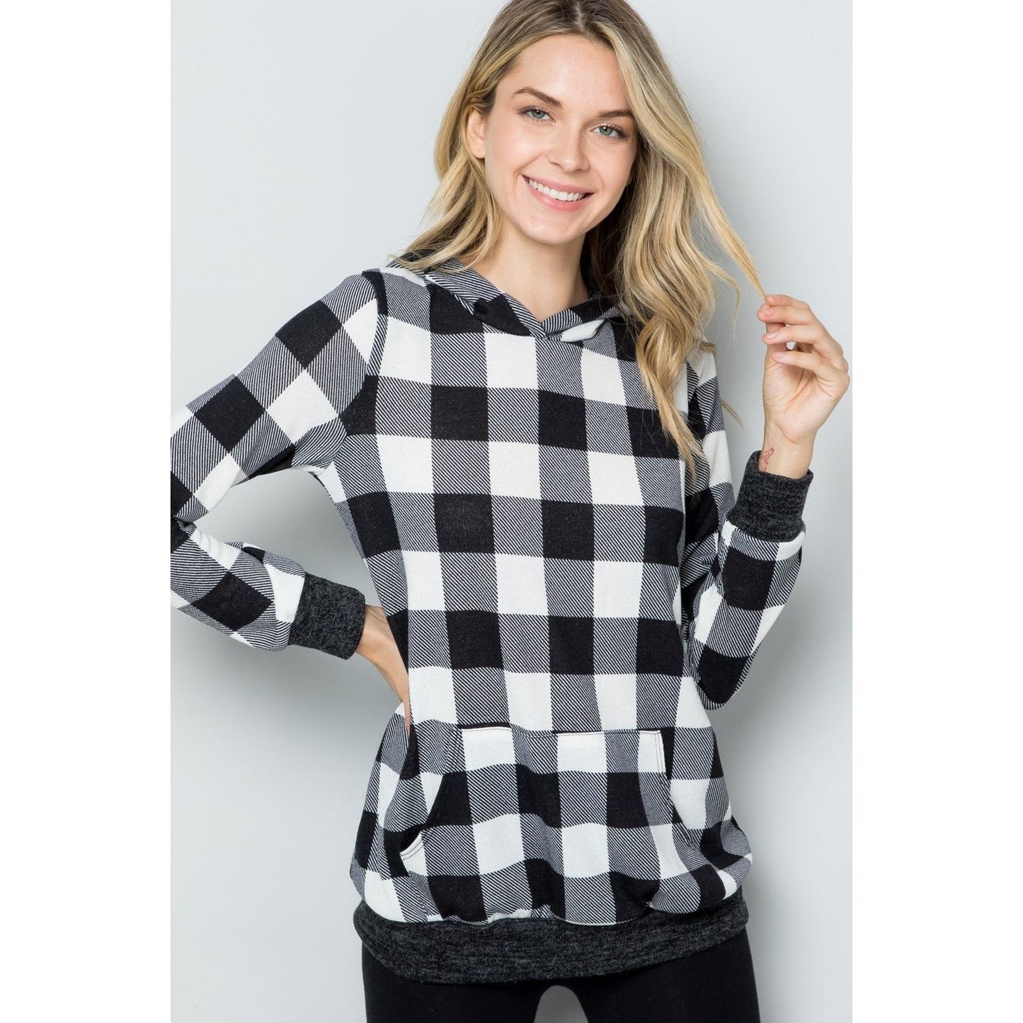 Celeste Full Size Contrast Plaid Long Sleeve Hoodie