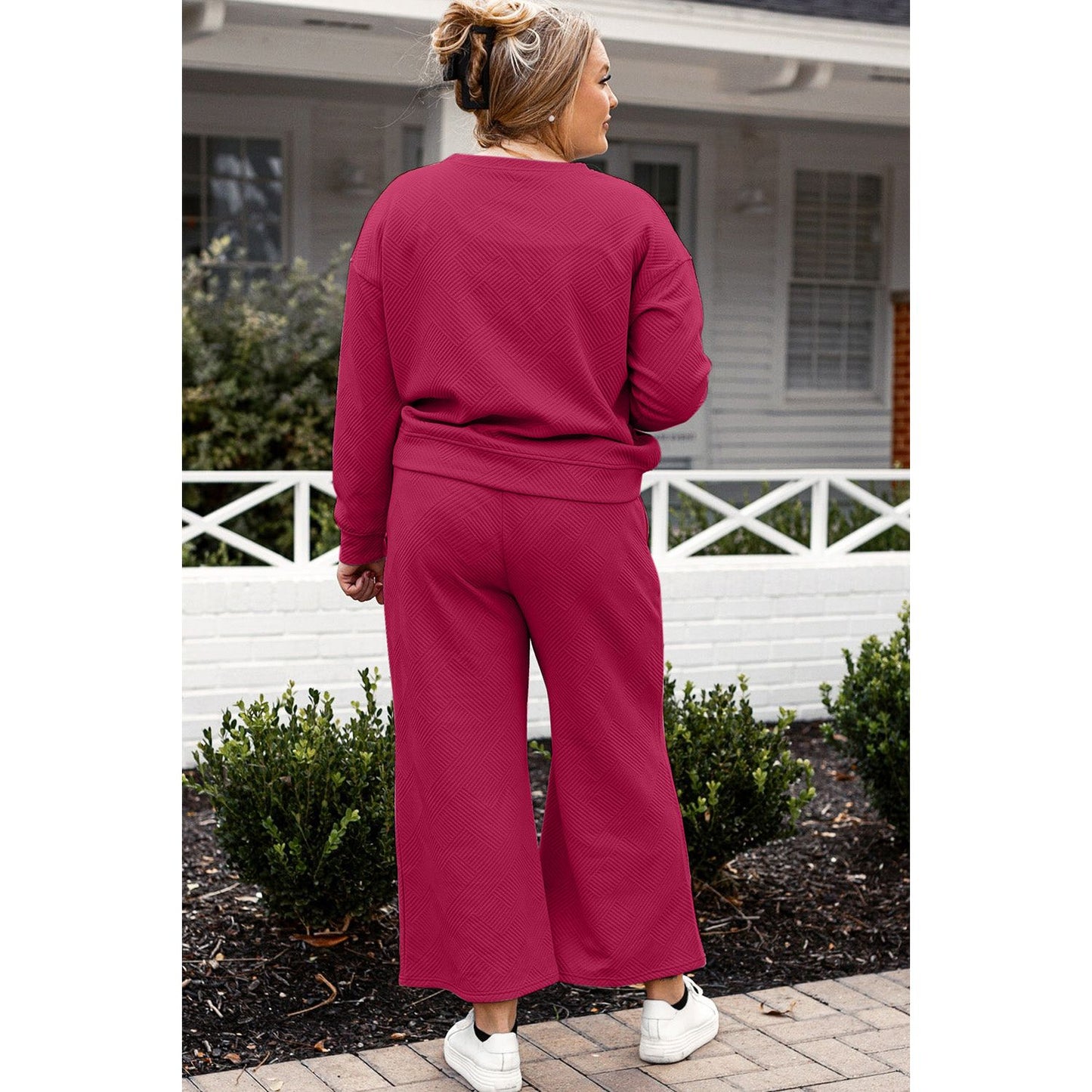 Double Take Full Size Textured Long Sleeve Top and Drawstring Pants Set