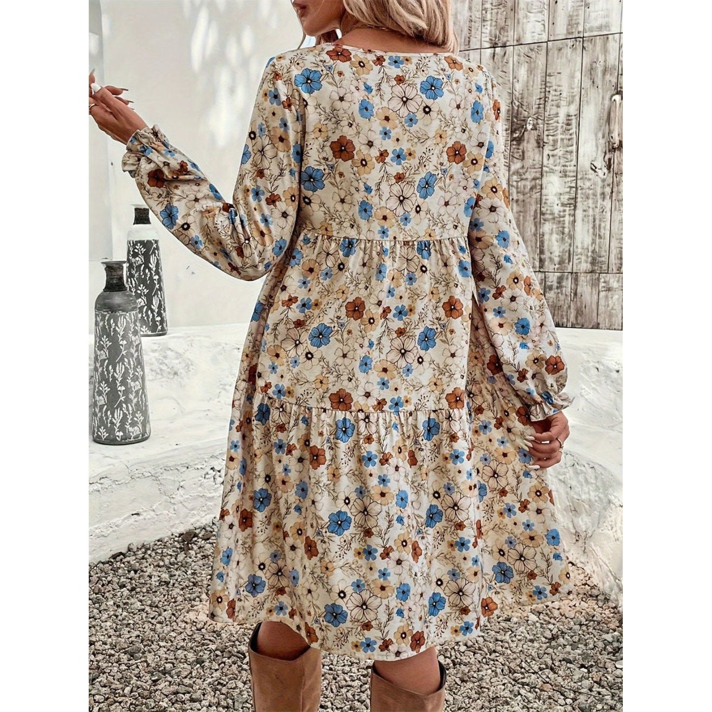 Ruffled Printed Round Neck Long Sleeve Dress