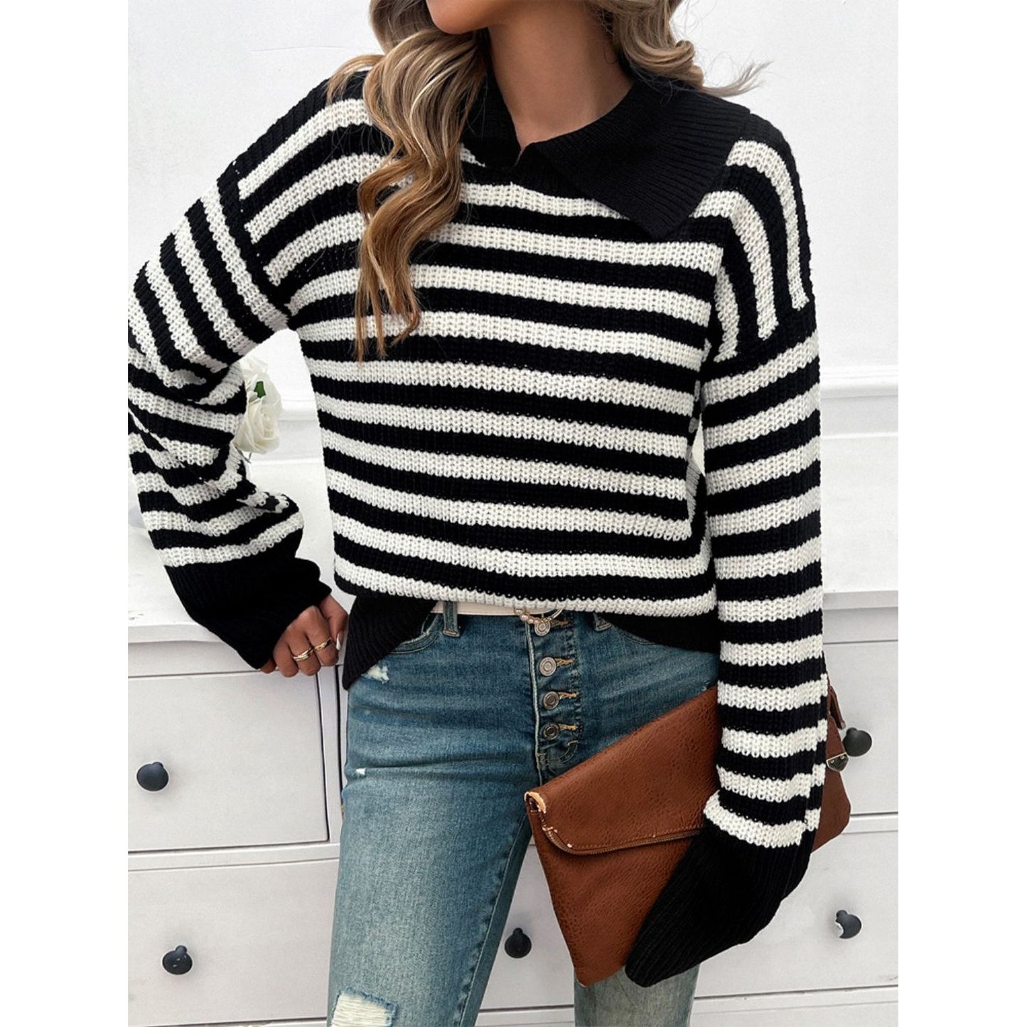 Devine Striped Collared Neck Long Sleeve Sweater