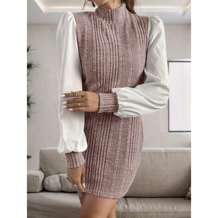 Ribbed Contrast Long Sleeve Sweater Dress