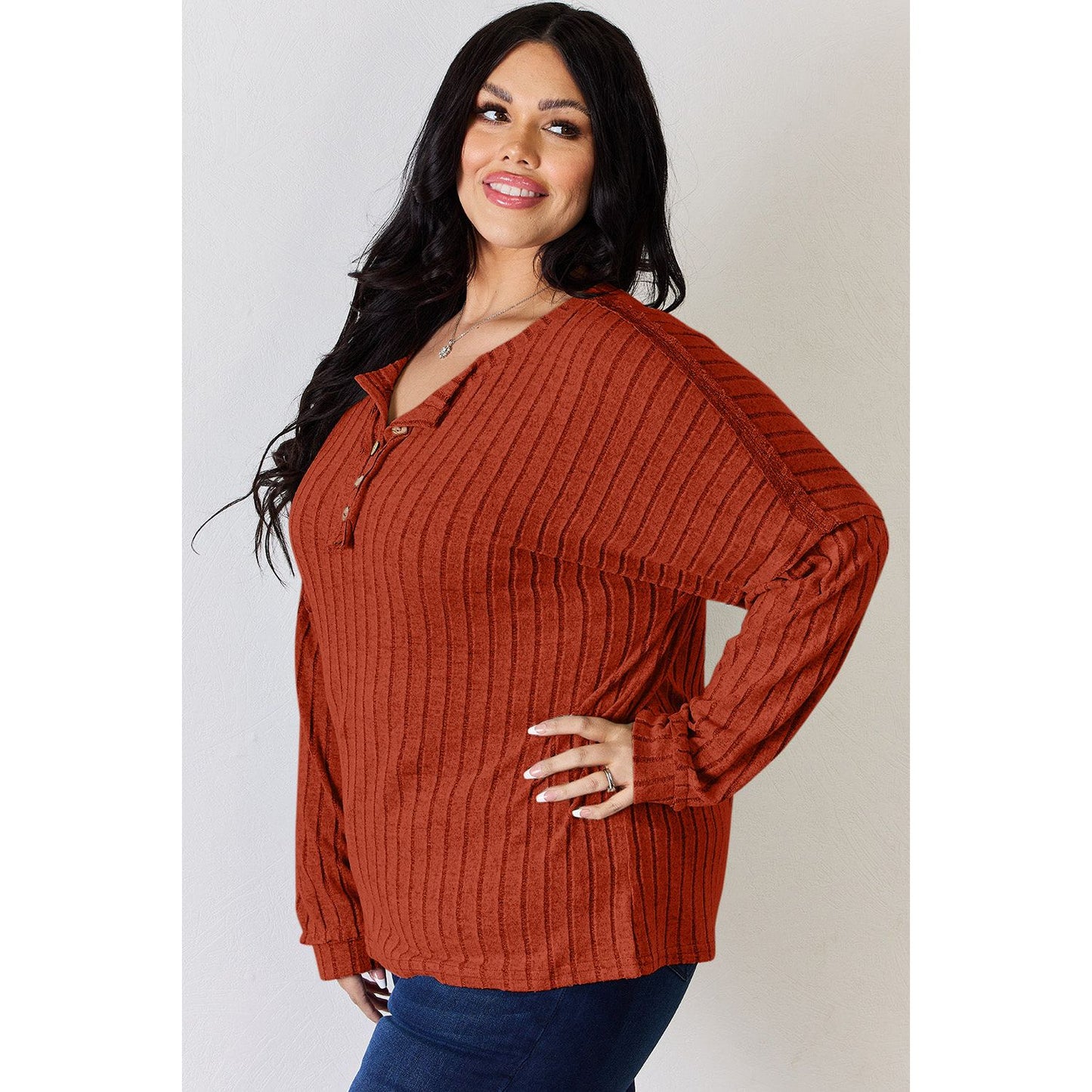 Basic Bae Full Size Ribbed Half Button Long Sleeve T-Shirt