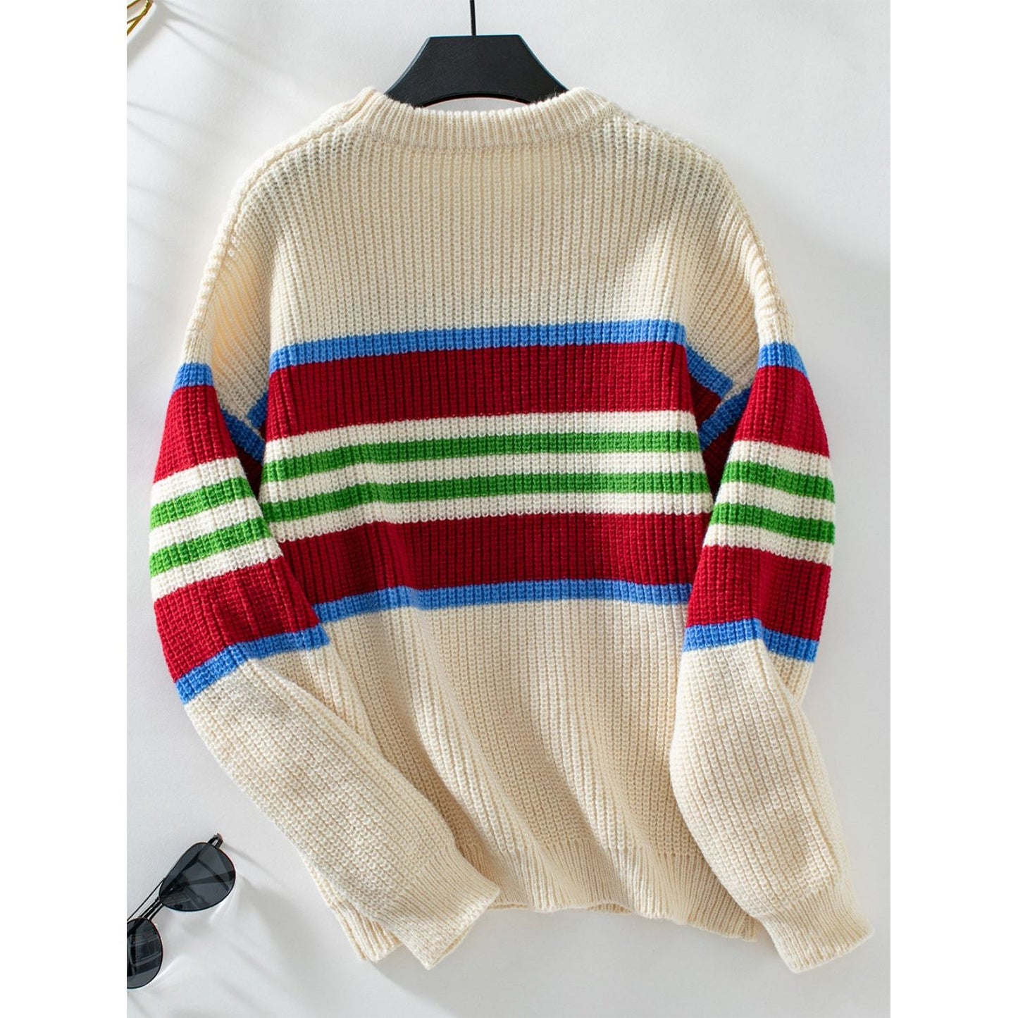 Contrast Stripes Round Neck Long Sleeve Sweater