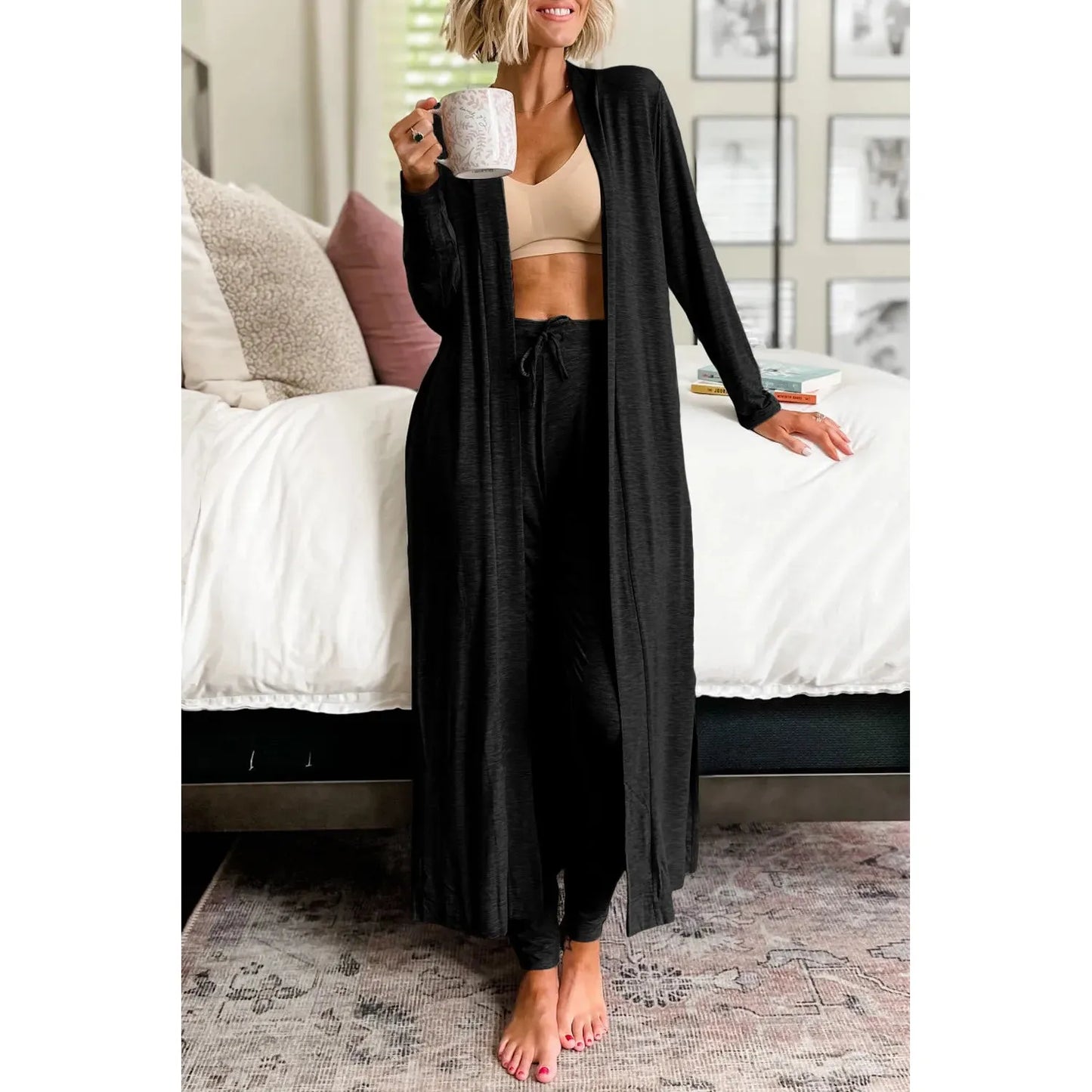 Open Front Long Sleeve Cardigan and Pants Lounge Set