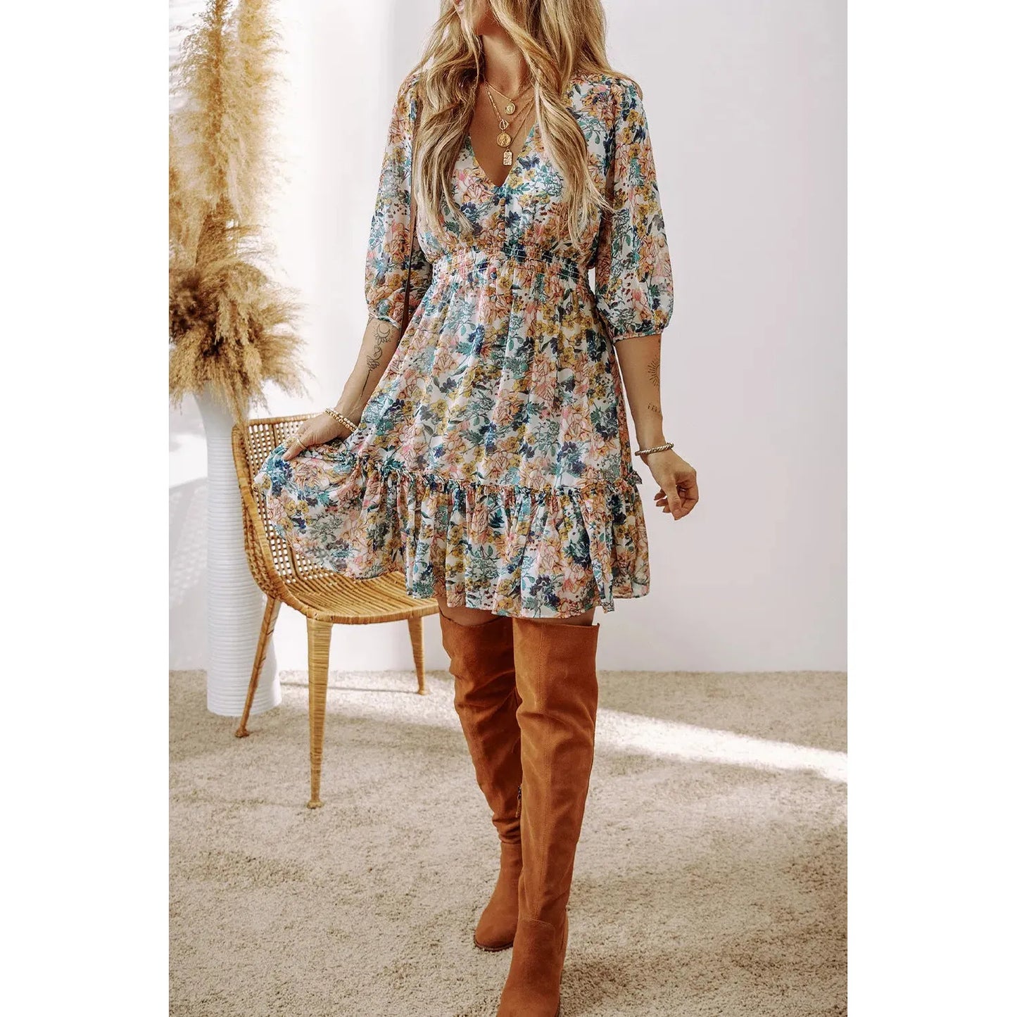 Printed V-Neck Half Sleeve Dress